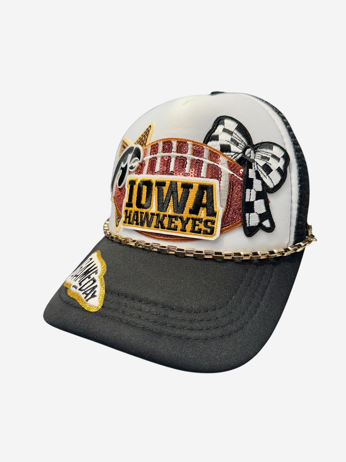 Sequin Iowa Hawkeys GameDay Trucker Hat with Gold Chain Hat Belt