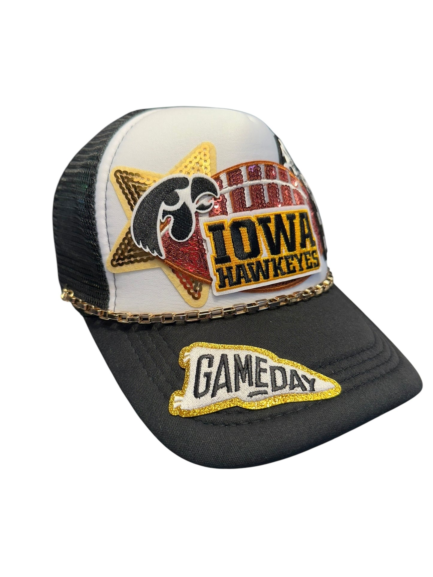 Sequin Iowa Hawkeys GameDay Trucker Hat with Gold Chain Hat Belt