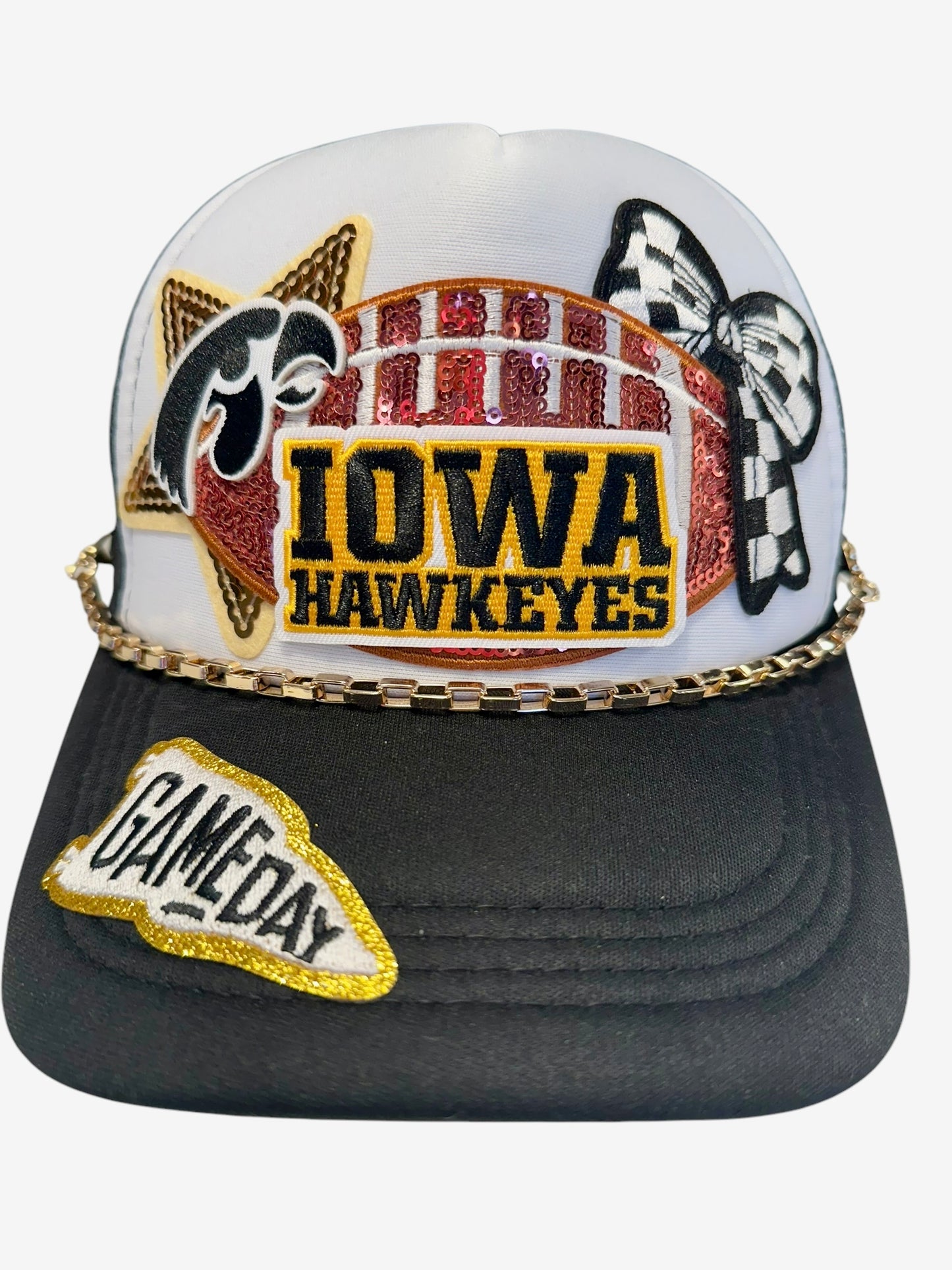 Sequin Iowa Hawkeys GameDay Trucker Hat with Gold Chain Hat Belt