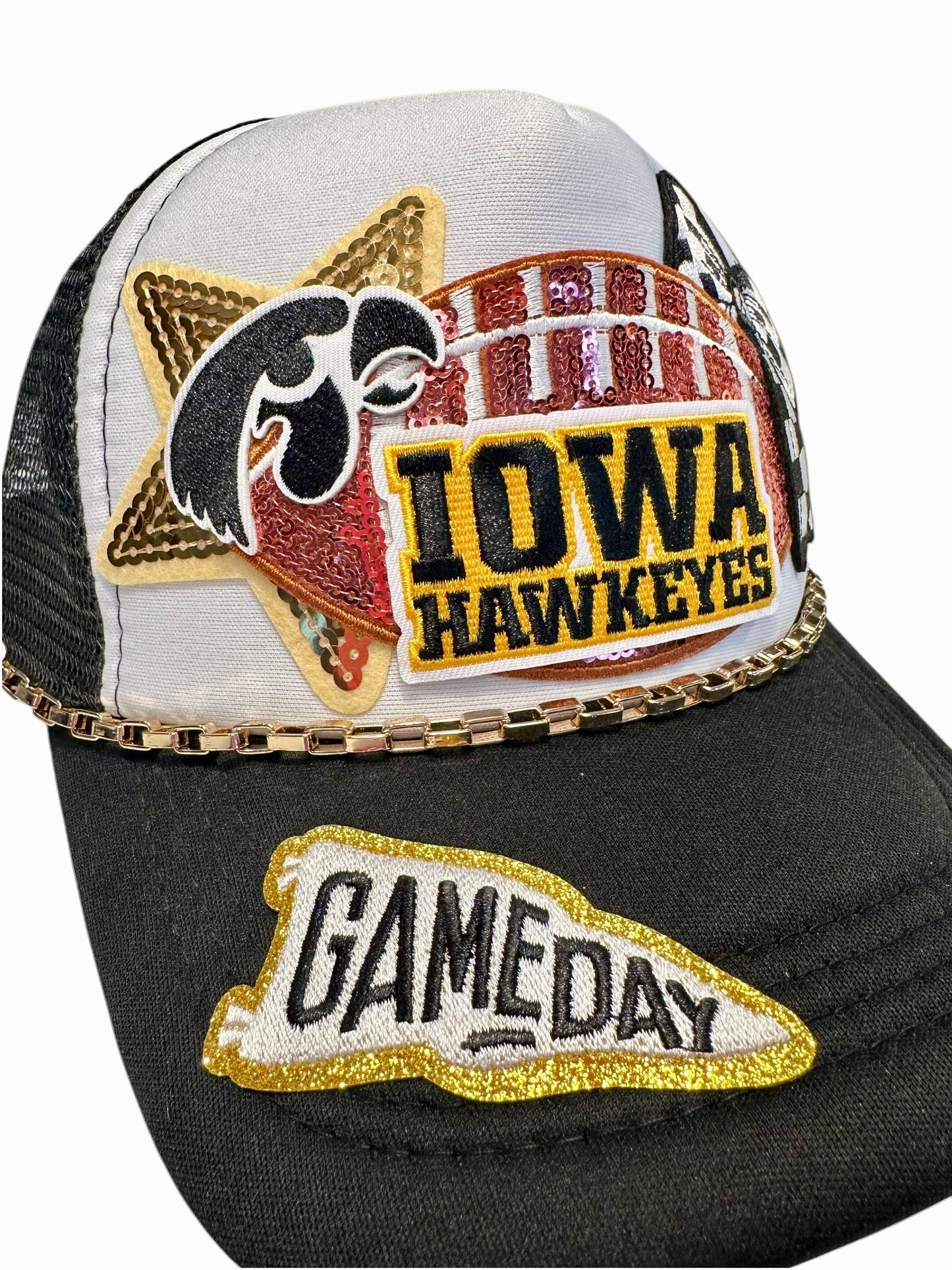 Sequin Iowa Hawkeys GameDay Trucker Hat with Gold Chain Hat Belt