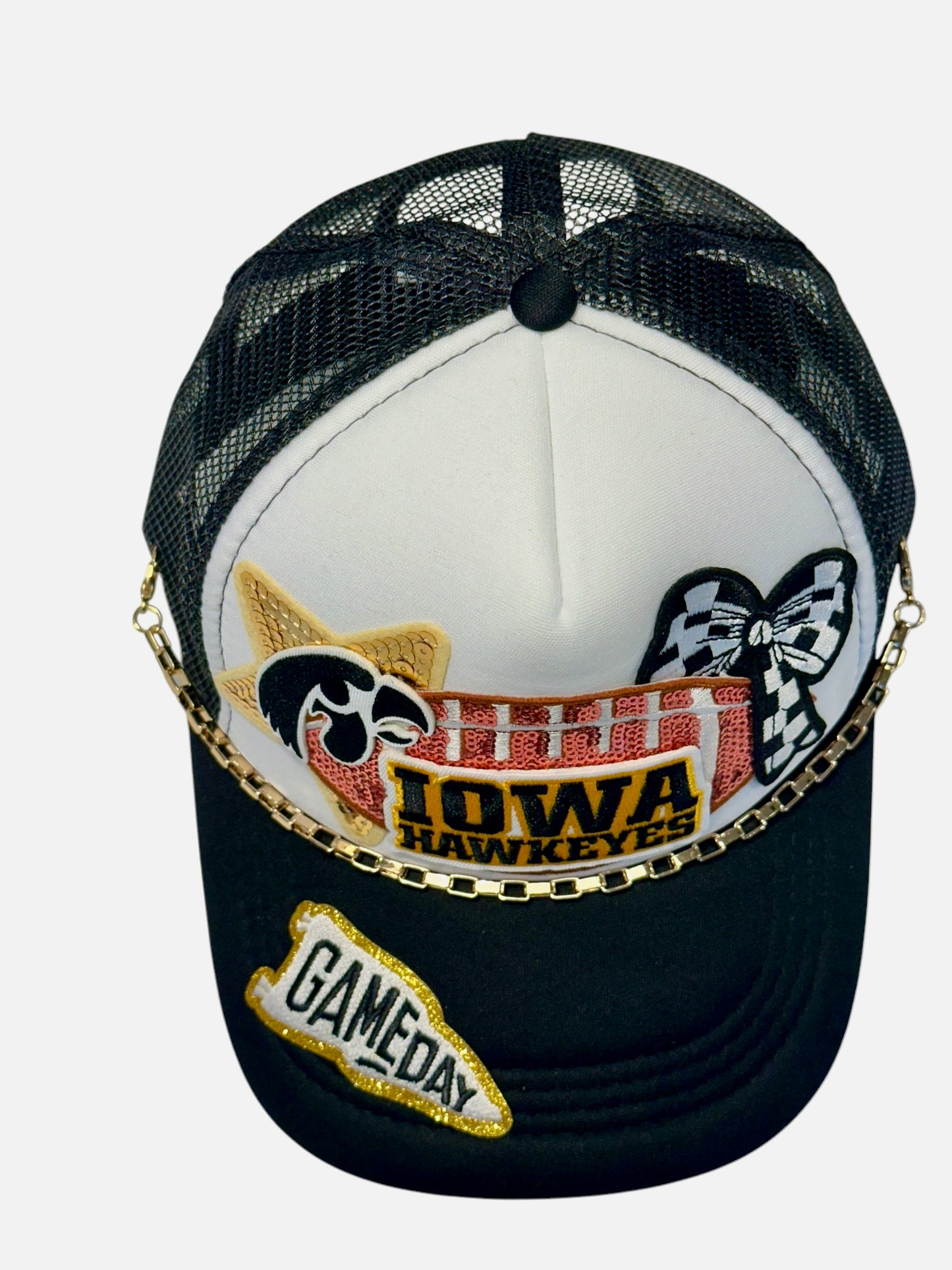 Sequin Iowa Hawkeys GameDay Trucker Hat with Gold Chain Hat Belt