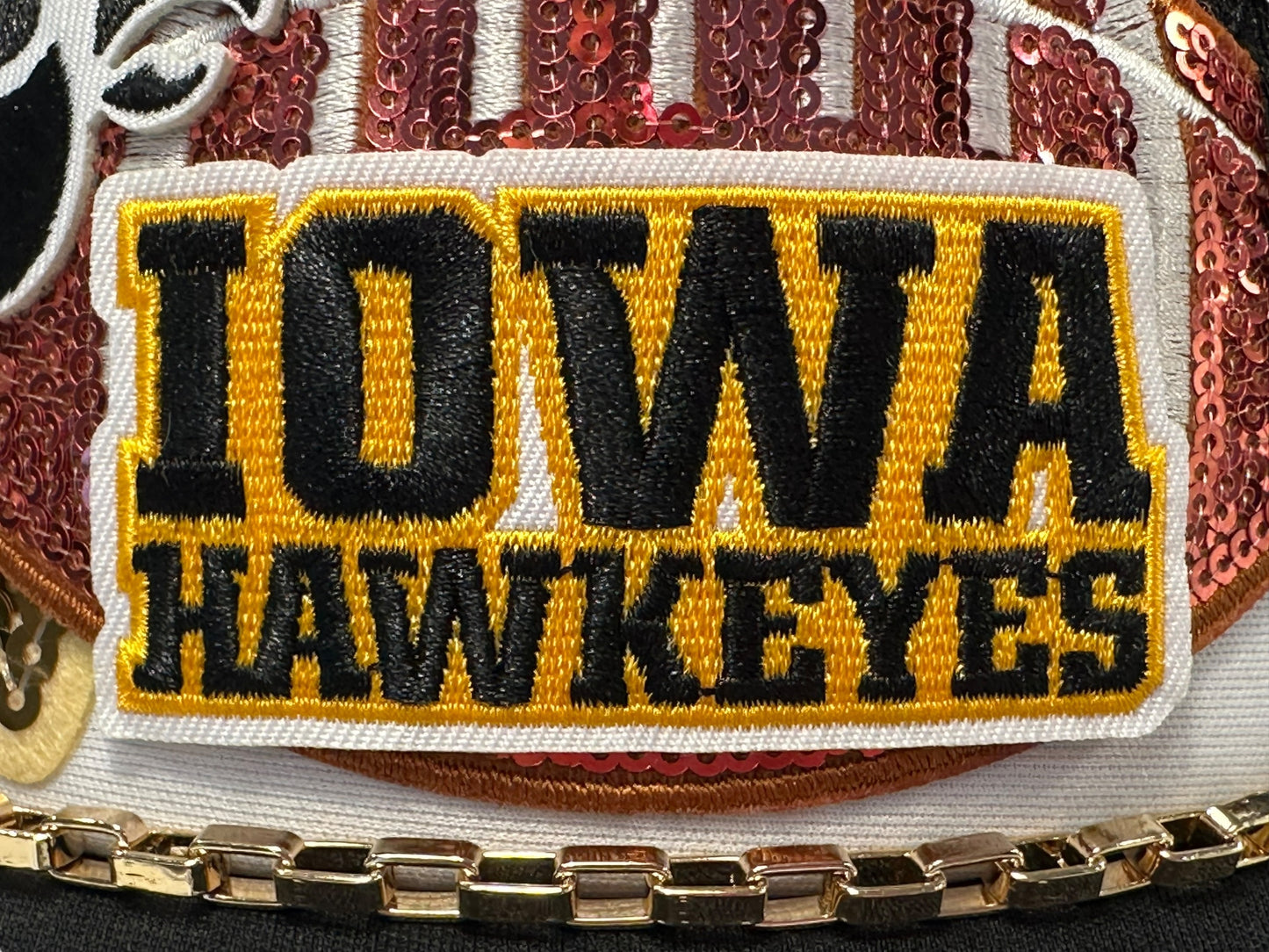 Sequin Iowa Hawkeys GameDay Trucker Hat with Gold Chain Hat Belt