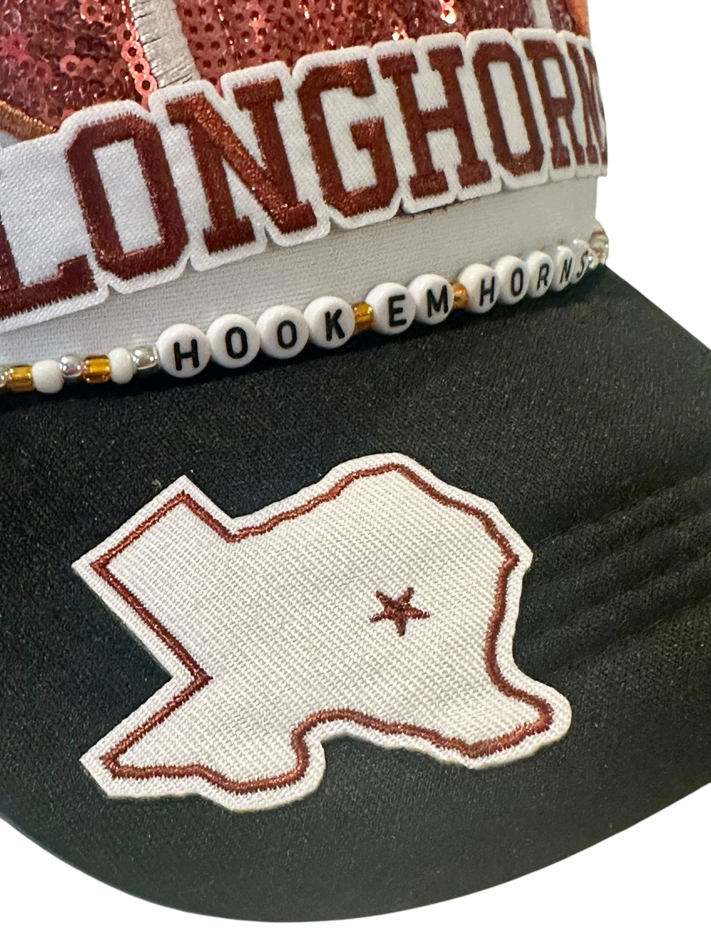 Hook em' Horns Sequin Texas Longhorns GameDay Trucker Hat with Beaded Hat Belt