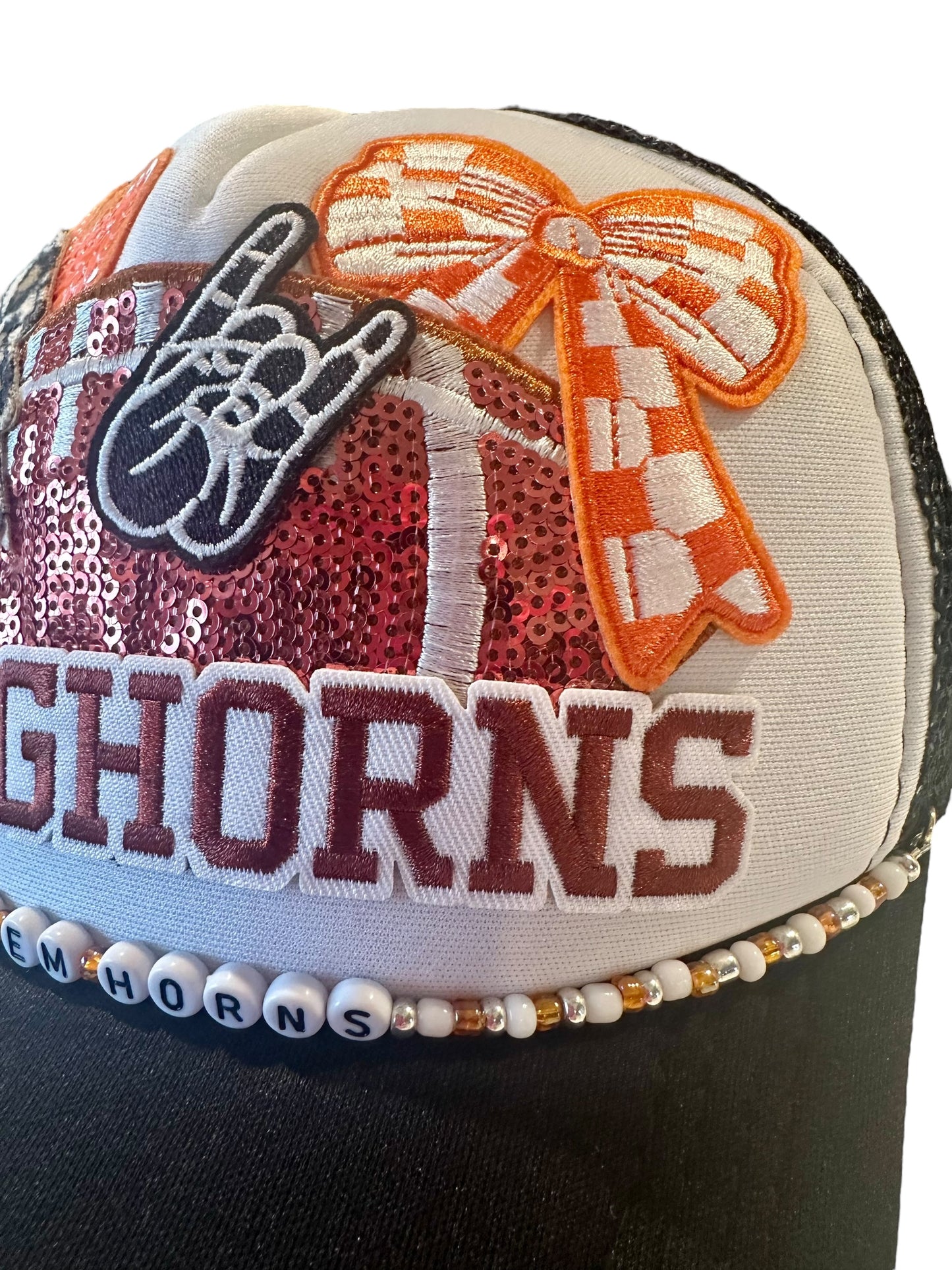 Hook em' Horns Sequin Texas Longhorns GameDay Trucker Hat with Beaded Hat Belt