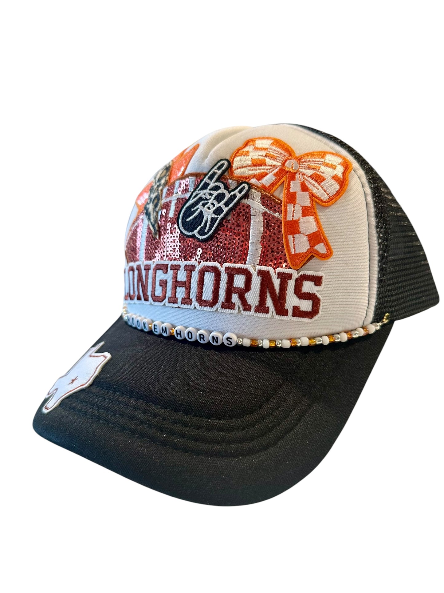 Hook em' Horns Sequin Texas Longhorns GameDay Trucker Hat with Beaded Hat Belt