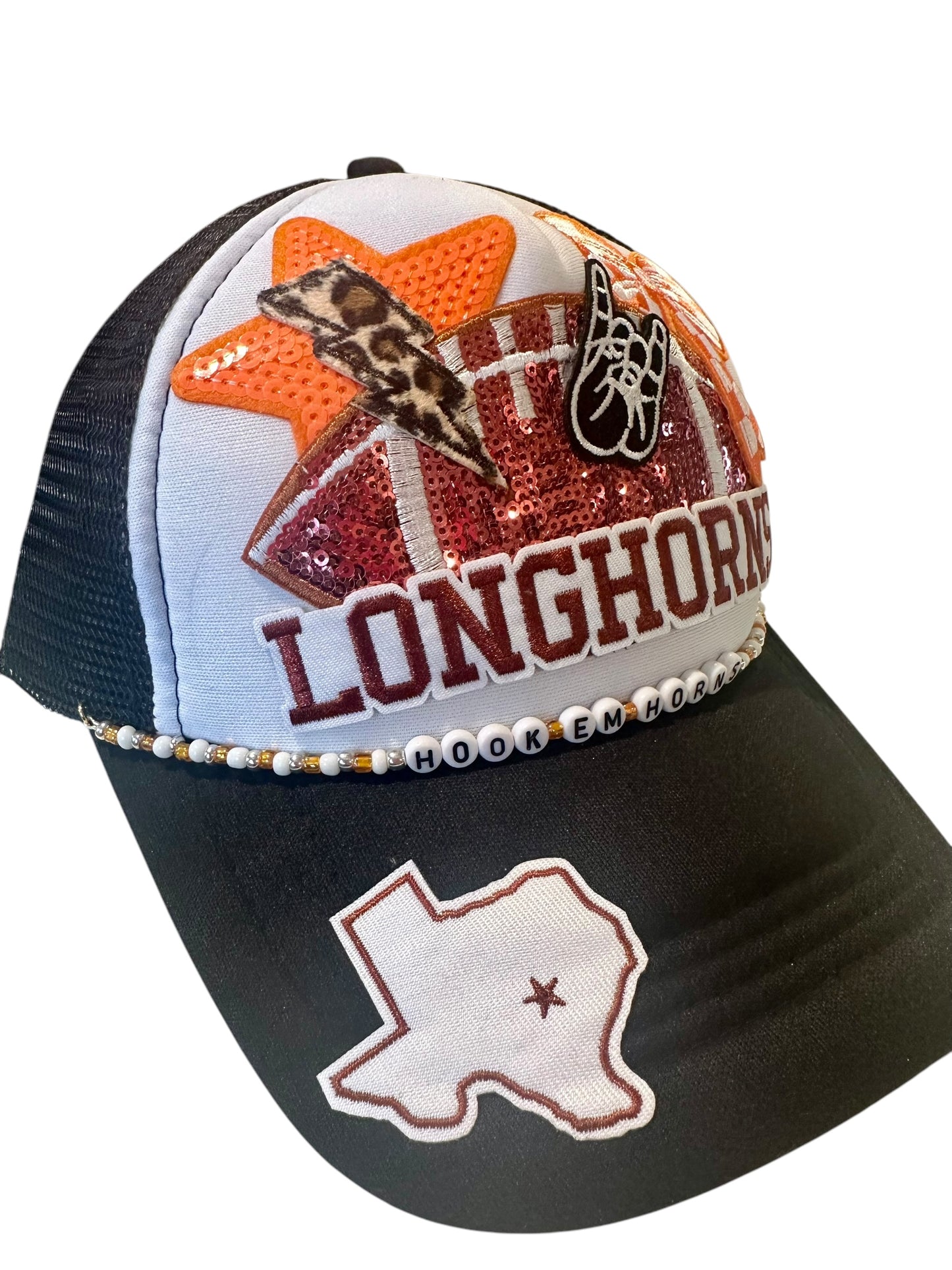 Hook em' Horns Sequin Texas Longhorns GameDay Trucker Hat with Beaded Hat Belt