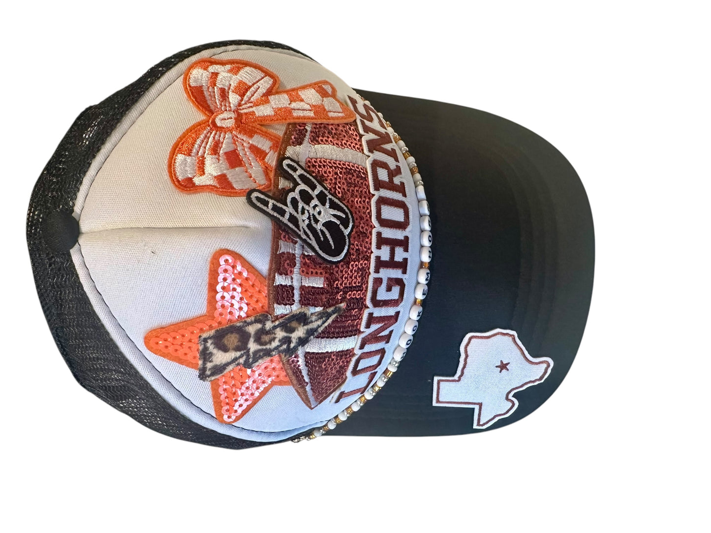 Hook em' Horns Sequin Texas Longhorns GameDay Trucker Hat with Beaded Hat Belt