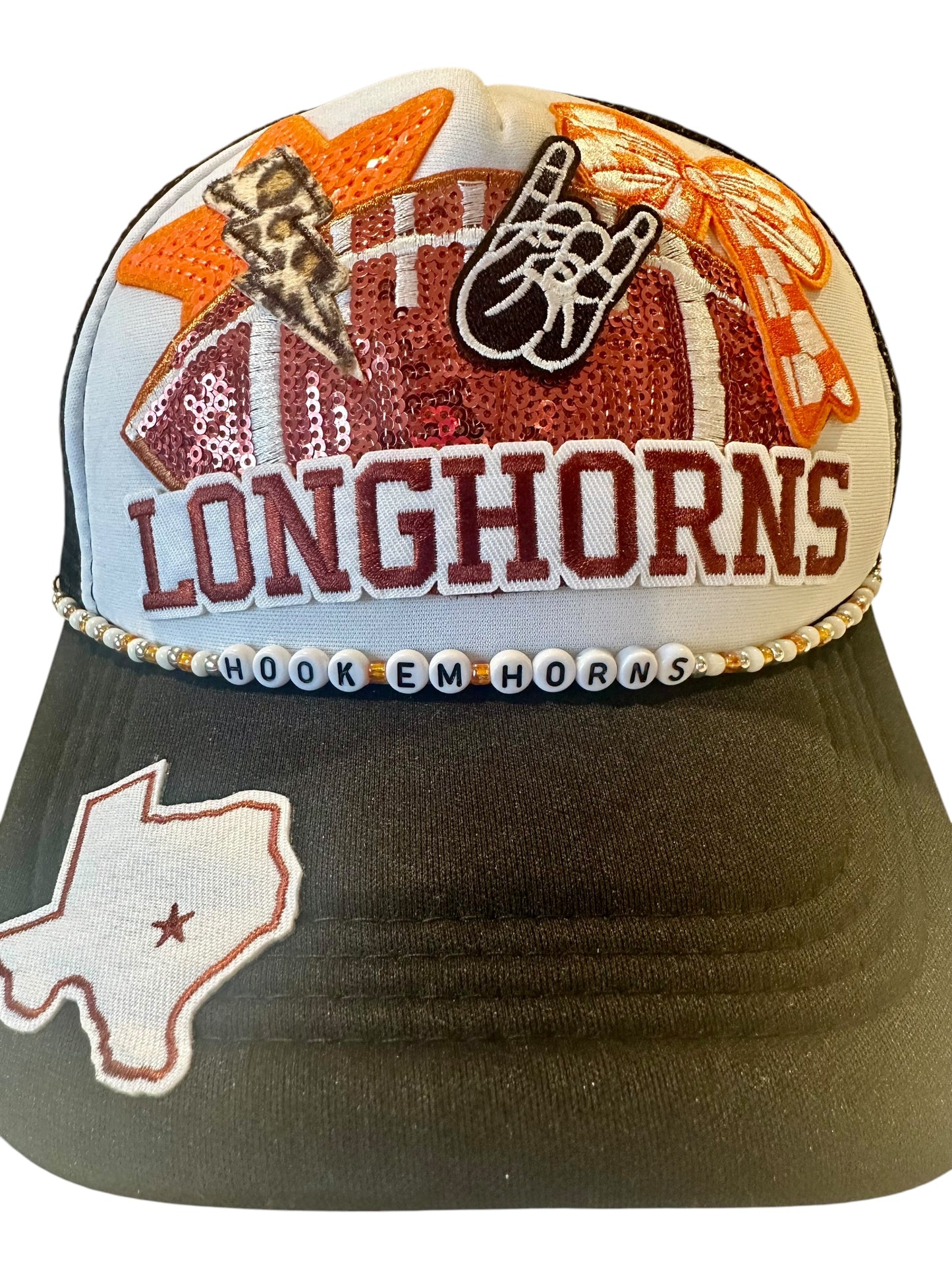 Hook em' Horns Sequin Texas Longhorns GameDay Trucker Hat with Beaded Hat Belt