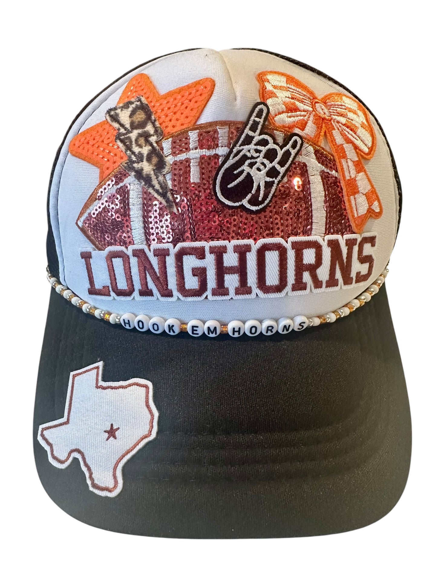 Hook em' Horns Sequin Texas Longhorns GameDay Trucker Hat with Beaded Hat Belt