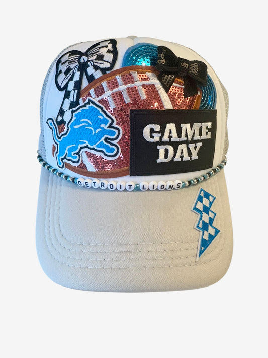 Gray Sequin Detroit Lions GameDay Trucker Hat with Beaded Hat Belt