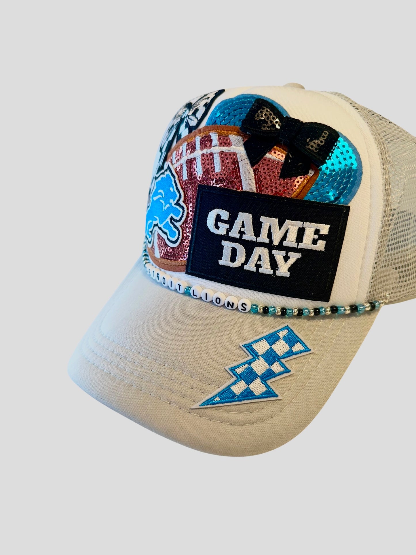 Gray Sequin Detroit Lions GameDay Trucker Hat with Beaded Hat Belt