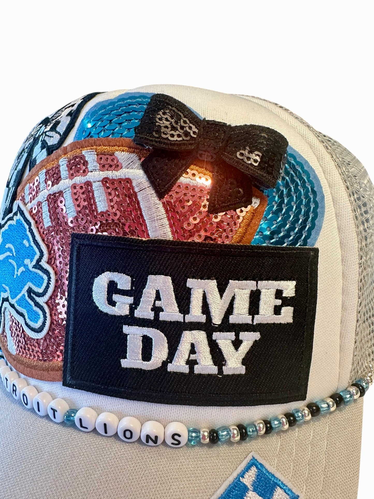 Gray Sequin Detroit Lions GameDay Trucker Hat with Beaded Hat Belt