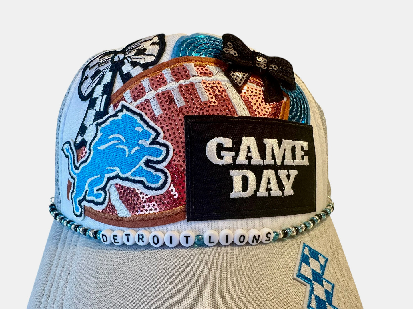 Gray Sequin Detroit Lions GameDay Trucker Hat with Beaded Hat Belt