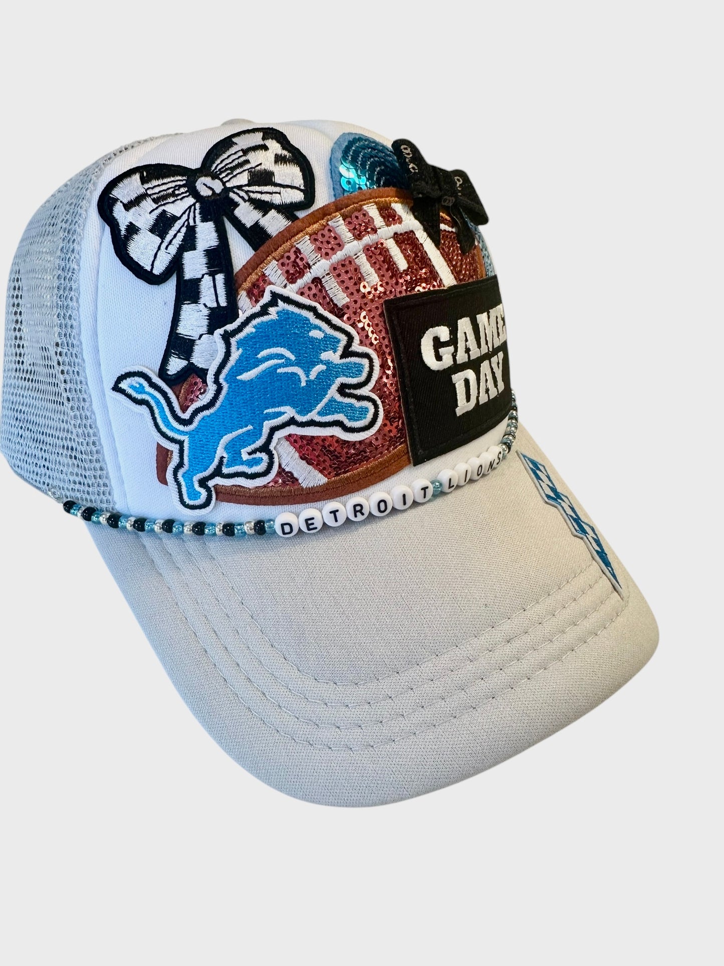 Gray Sequin Detroit Lions GameDay Trucker Hat with Beaded Hat Belt