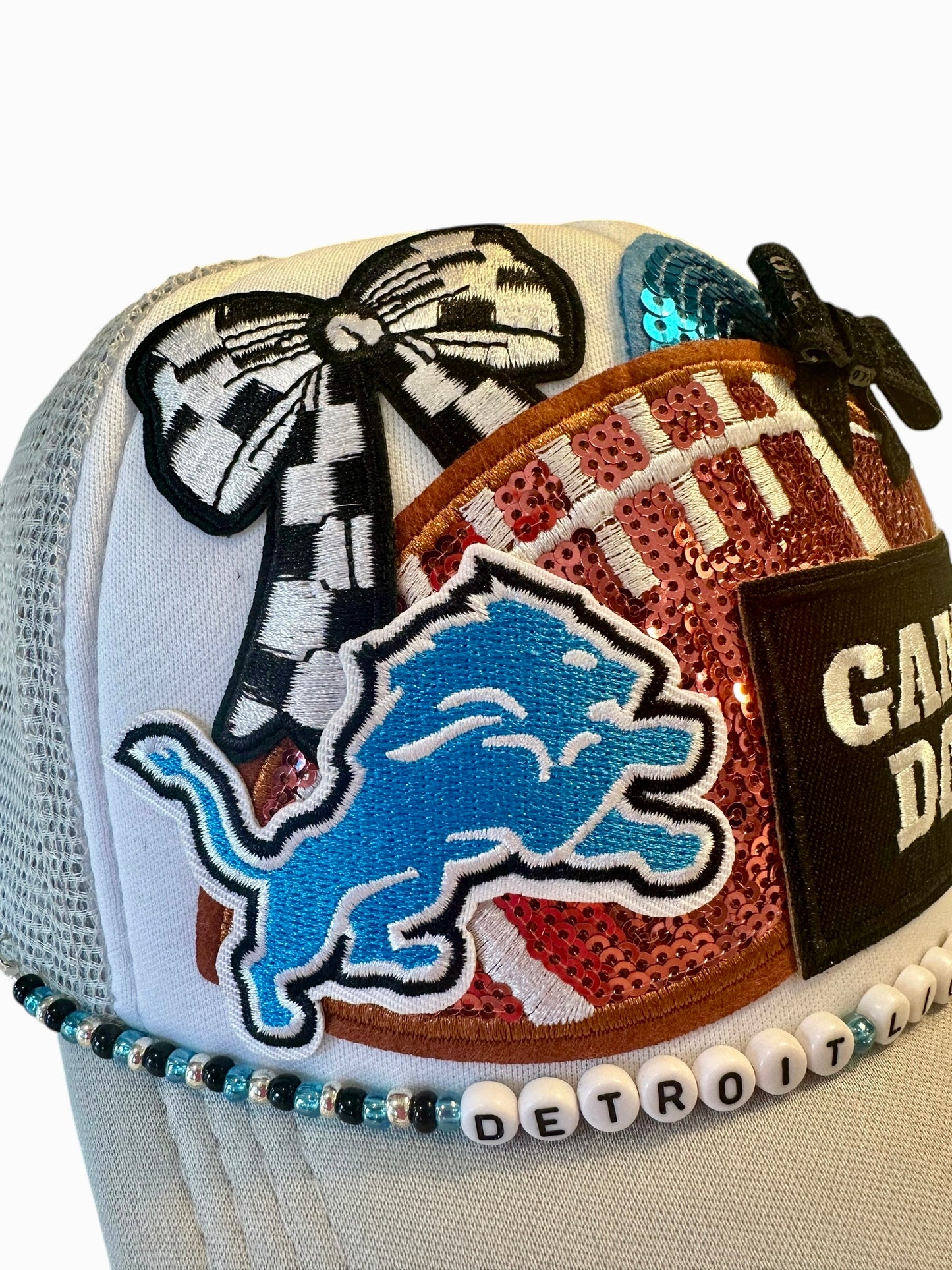 Gray Sequin Detroit Lions GameDay Trucker Hat with Beaded Hat Belt