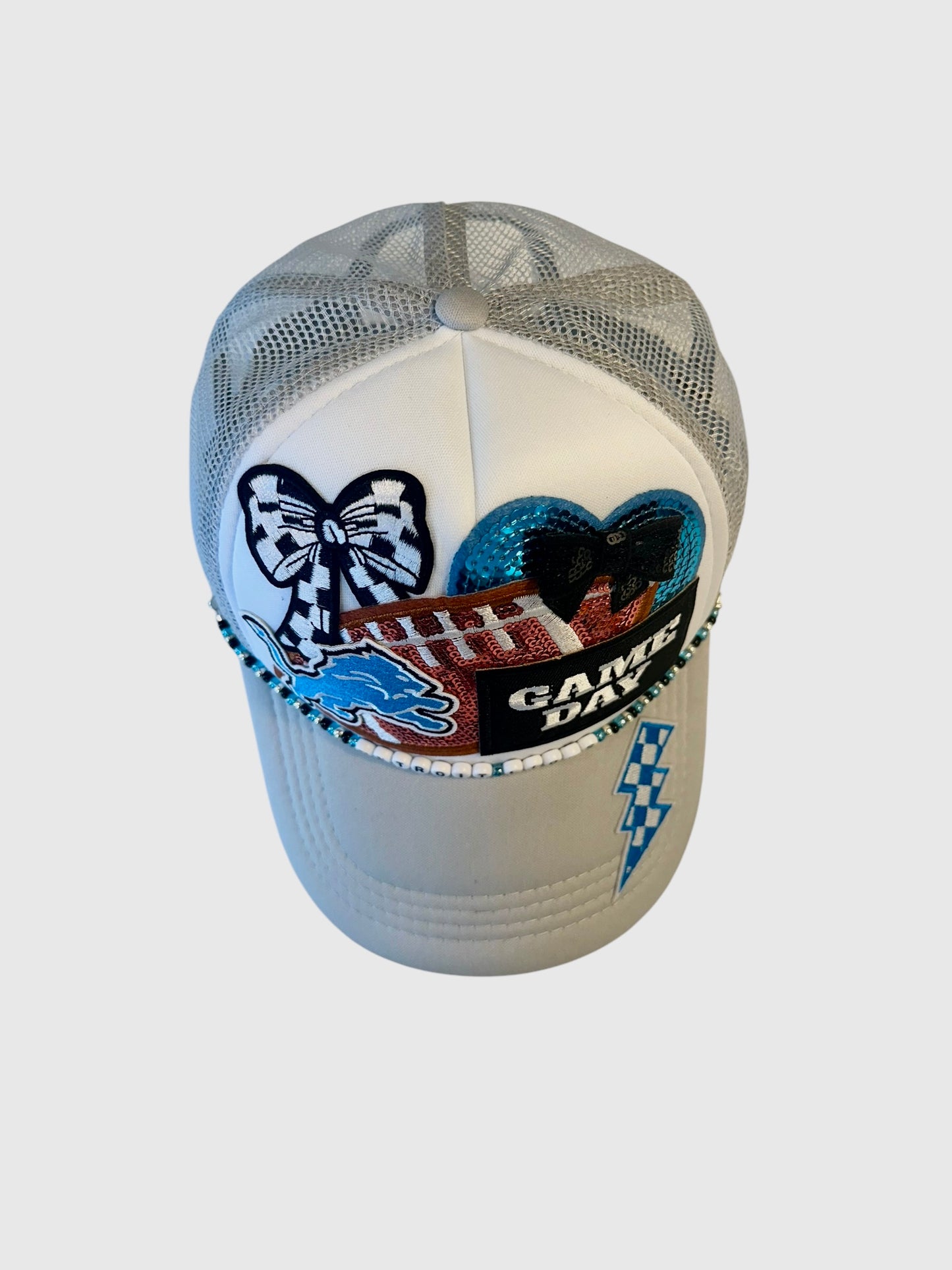 Gray Sequin Detroit Lions GameDay Trucker Hat with Beaded Hat Belt