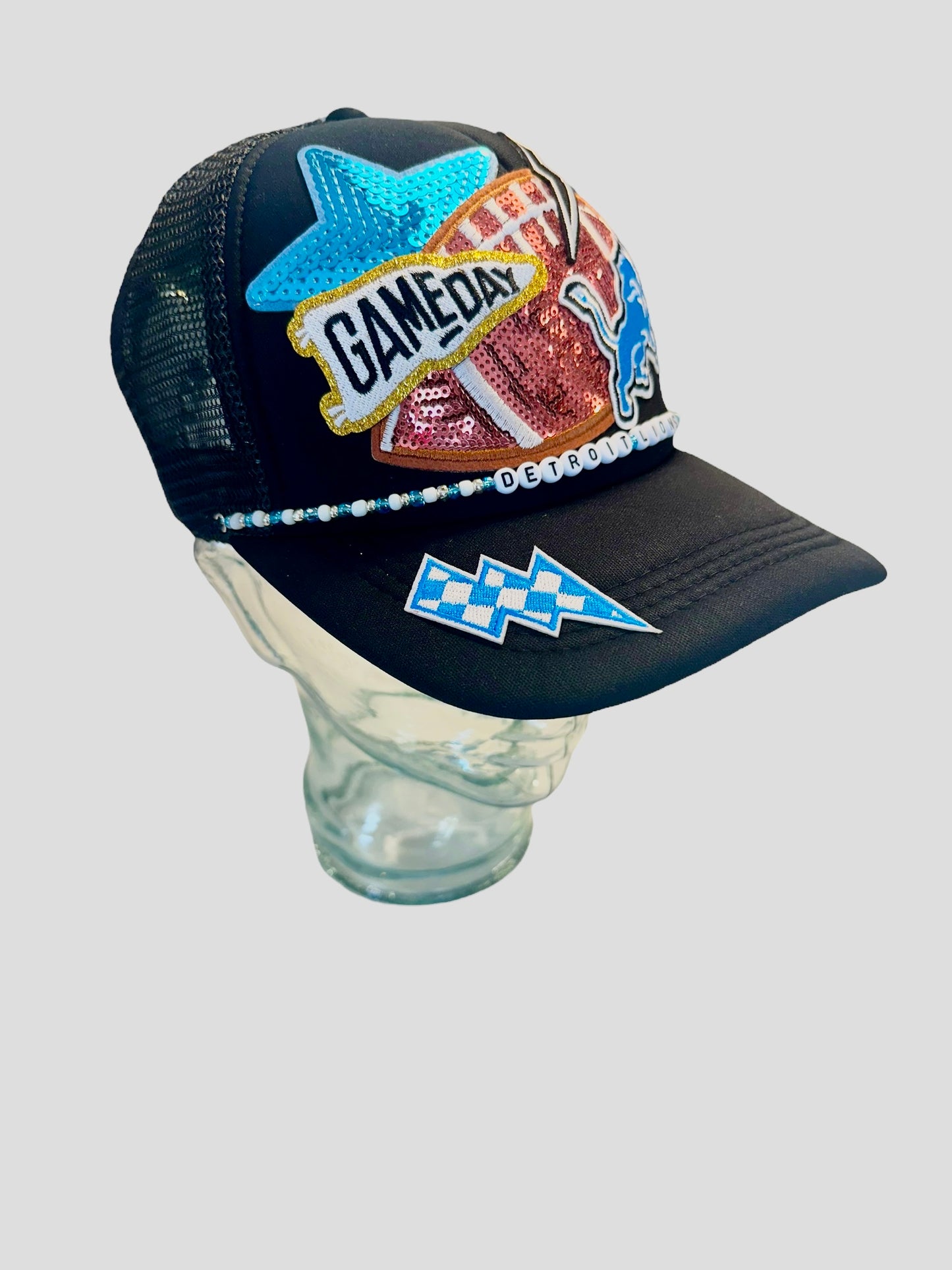 Black Sequin Detroit Lions GameDay Trucker Hat with Beaded Hat Belt