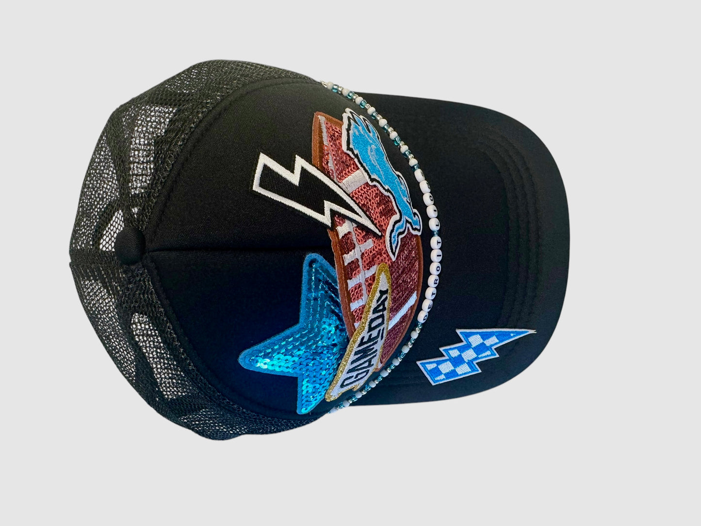 Black Sequin Detroit Lions GameDay Trucker Hat with Beaded Hat Belt