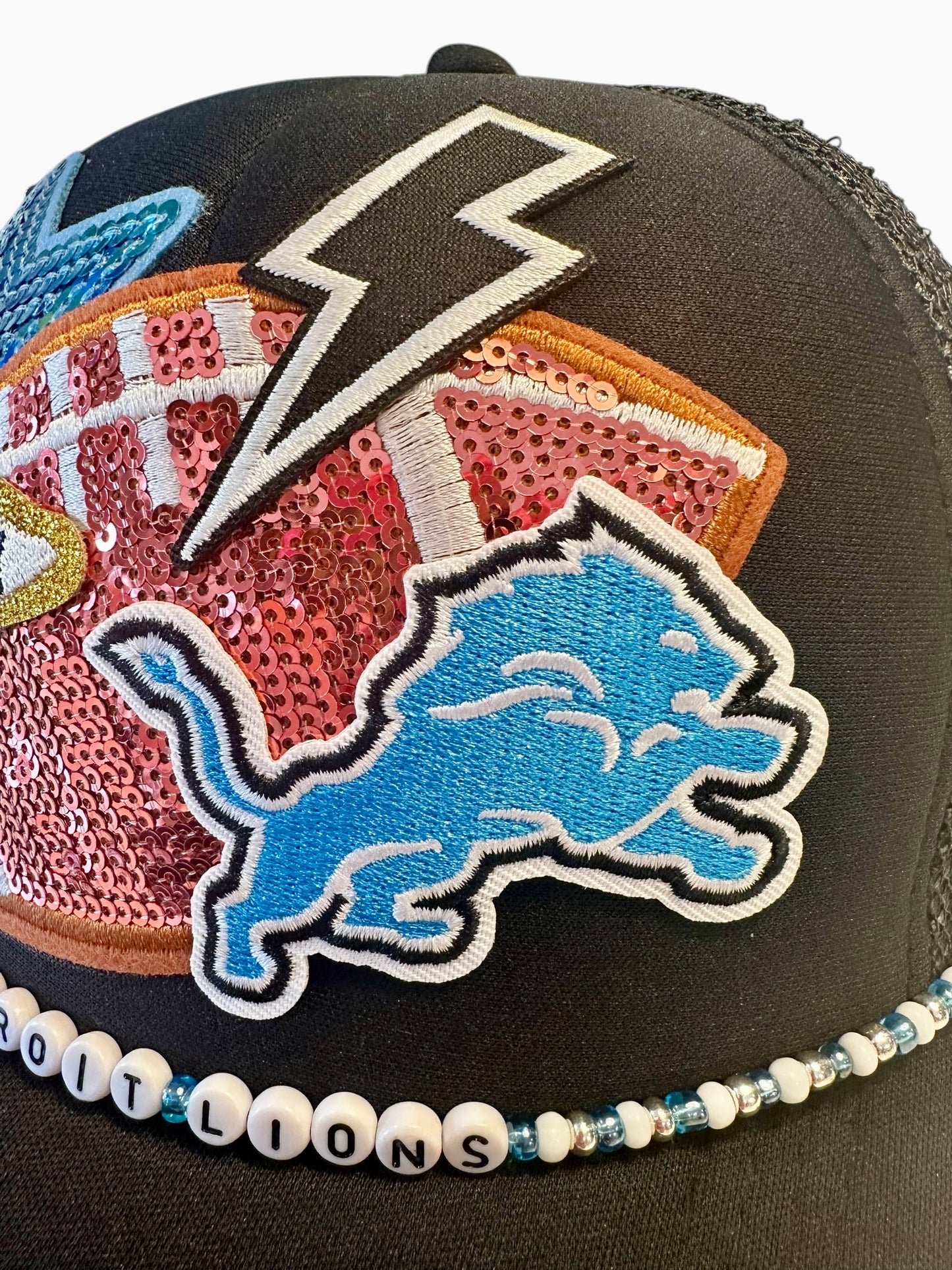 Black Sequin Detroit Lions GameDay Trucker Hat with Beaded Hat Belt