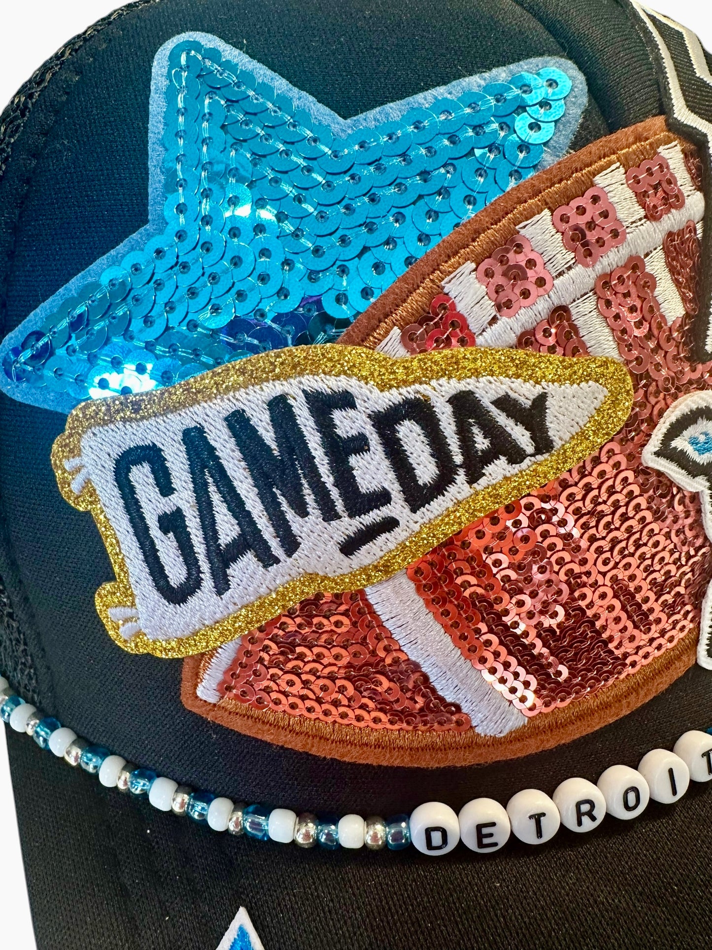 Black Sequin Detroit Lions GameDay Trucker Hat with Beaded Hat Belt