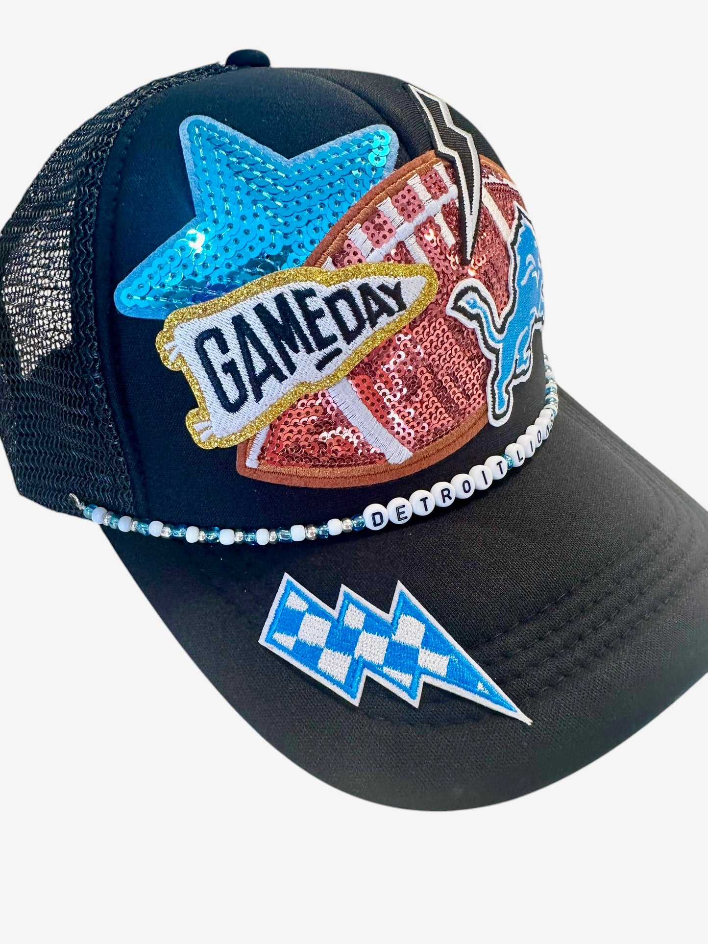 Black Sequin Detroit Lions GameDay Trucker Hat with Beaded Hat Belt