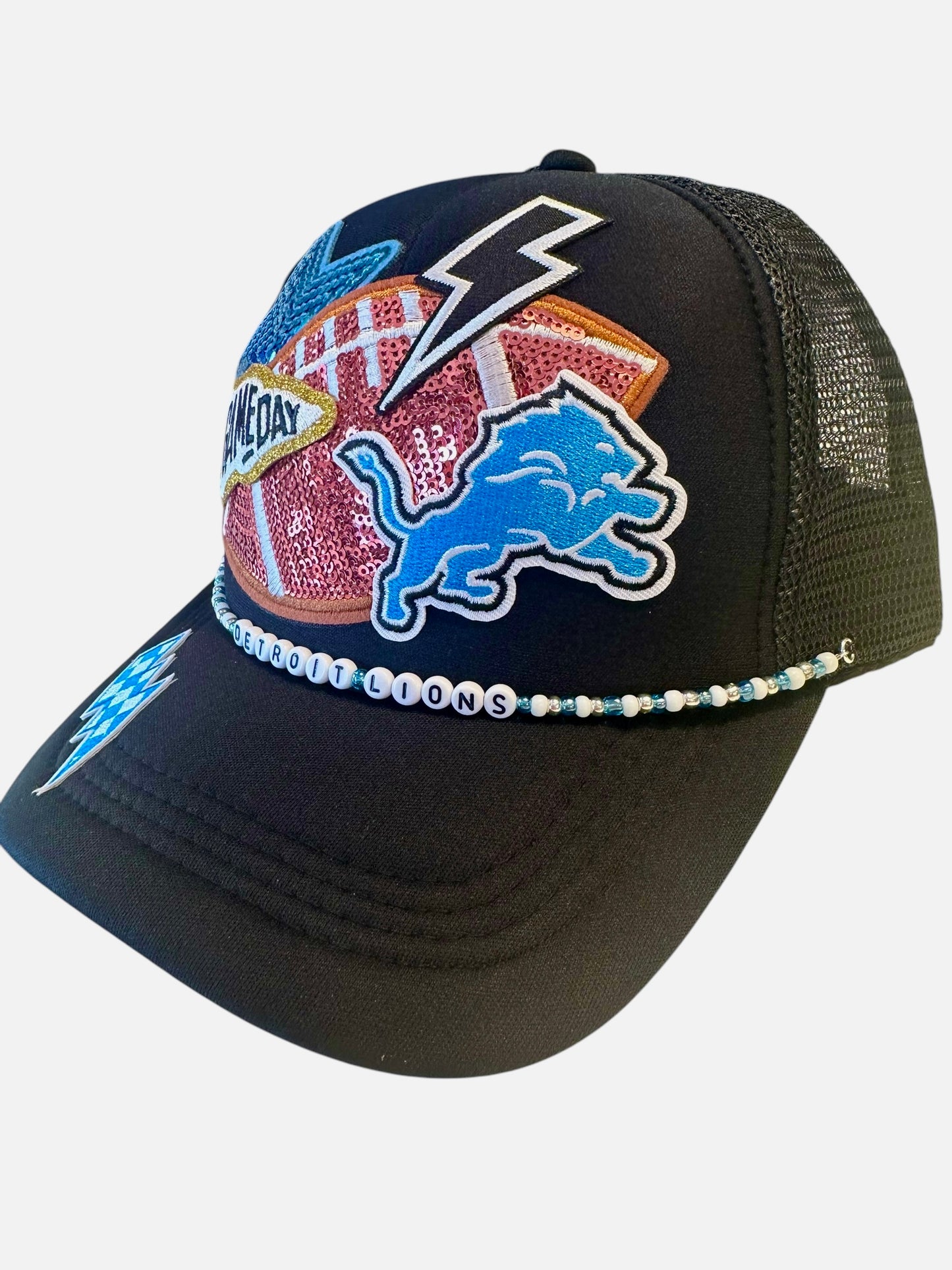 Black Sequin Detroit Lions GameDay Trucker Hat with Beaded Hat Belt