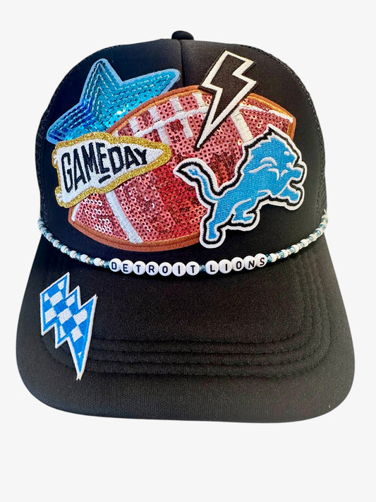 Black Sequin Detroit Lions GameDay Trucker Hat with Beaded Hat Belt