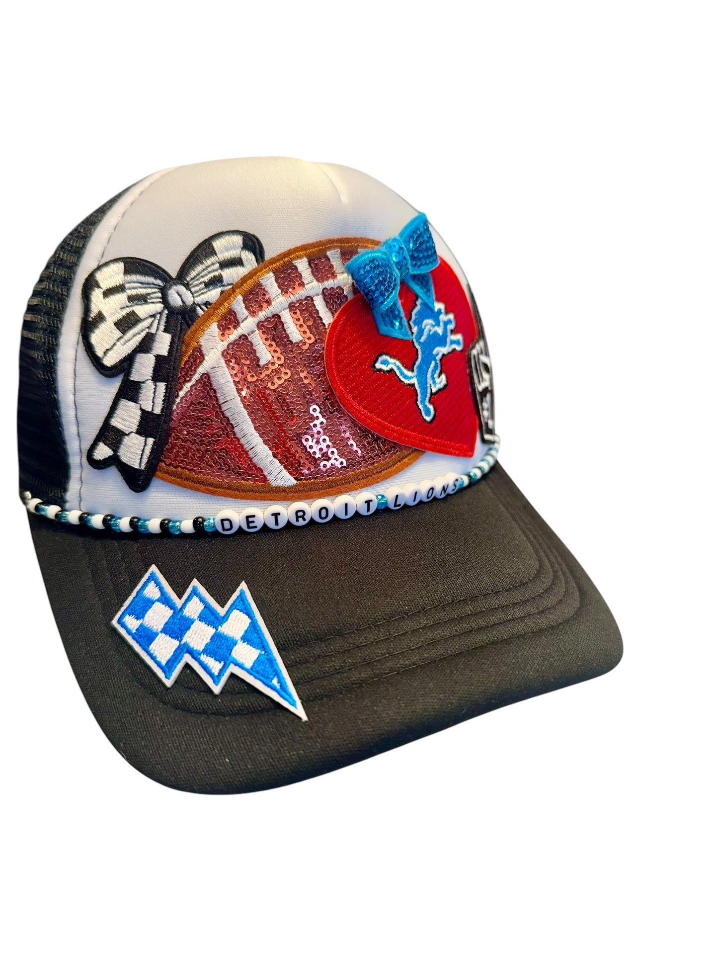 I love Detroit Lions GameDay Trucker Hat with Beaded Hat Belt