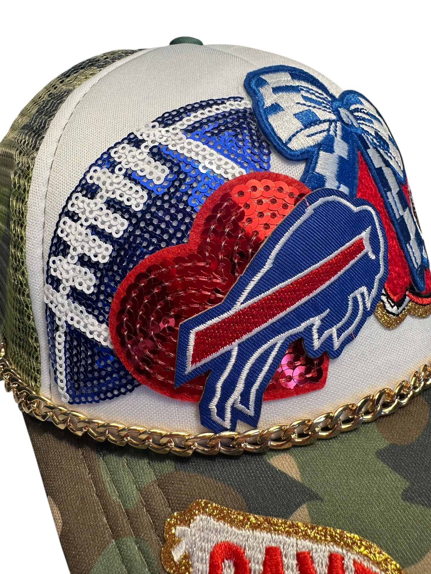 Sequin and Camo Buffalo Bills GameDay Trucker Hat with Gold Chain Hat Belt