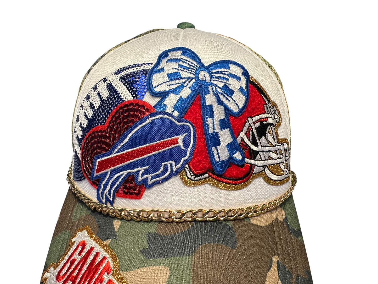 Sequin and Camo Buffalo Bills GameDay Trucker Hat with Gold Chain Hat Belt