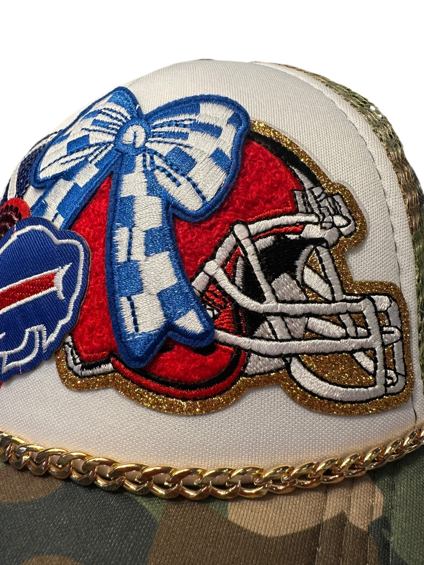 Sequin and Camo Buffalo Bills GameDay Trucker Hat with Gold Chain Hat Belt