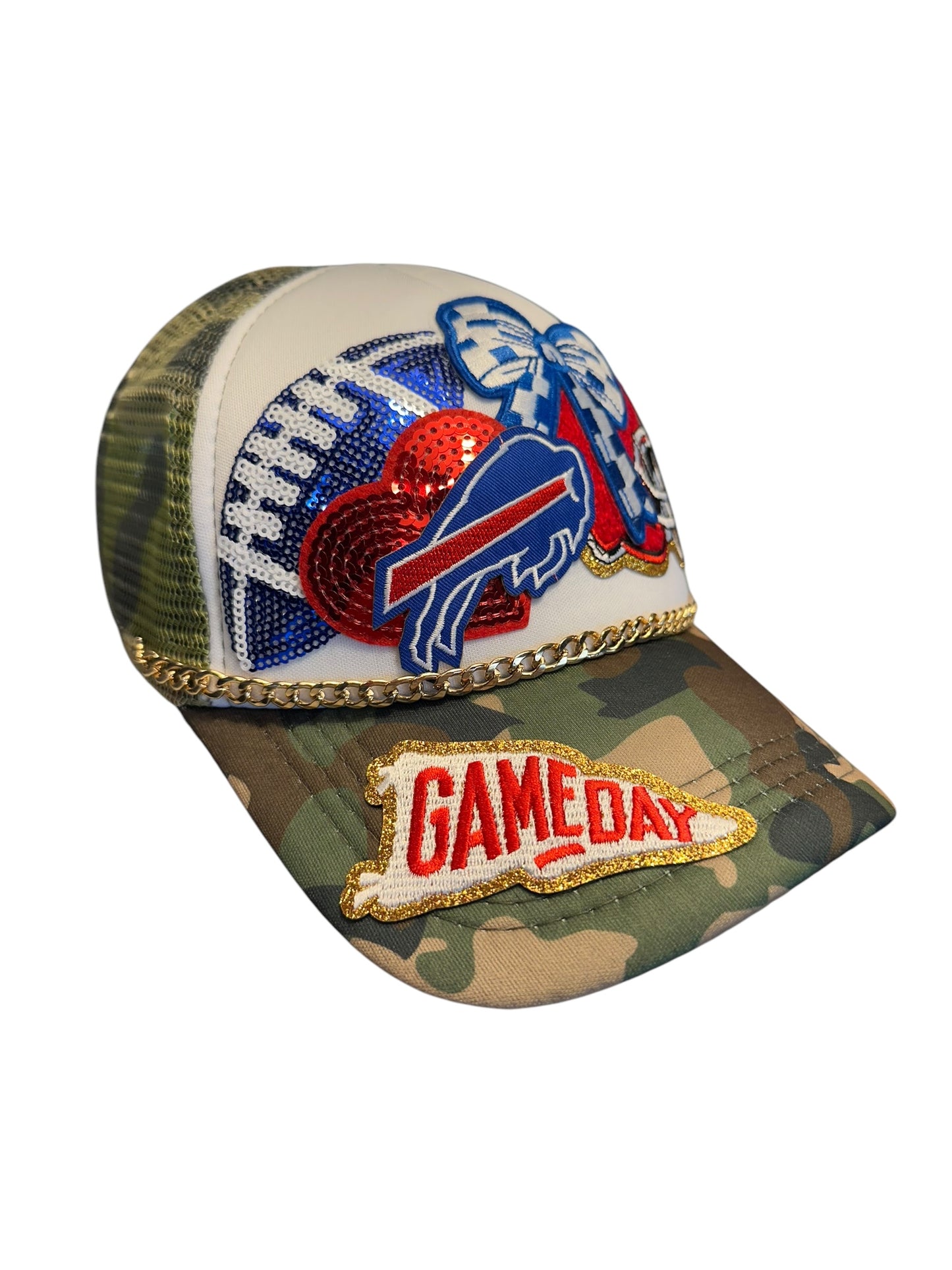 Sequin and Camo Buffalo Bills GameDay Trucker Hat with Gold Chain Hat Belt