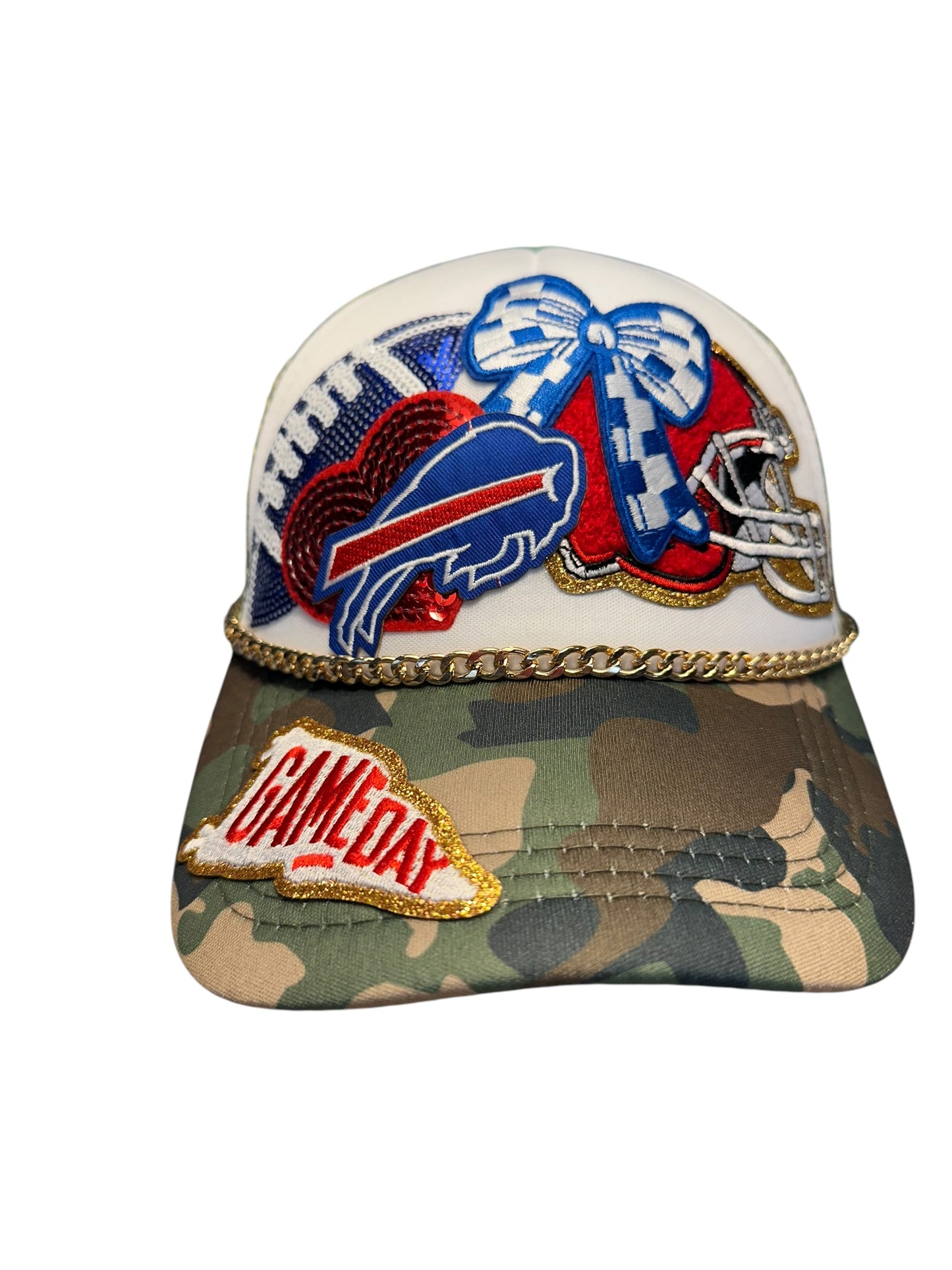 Sequin and Camo Buffalo Bills GameDay Trucker Hat with Gold Chain Hat Belt