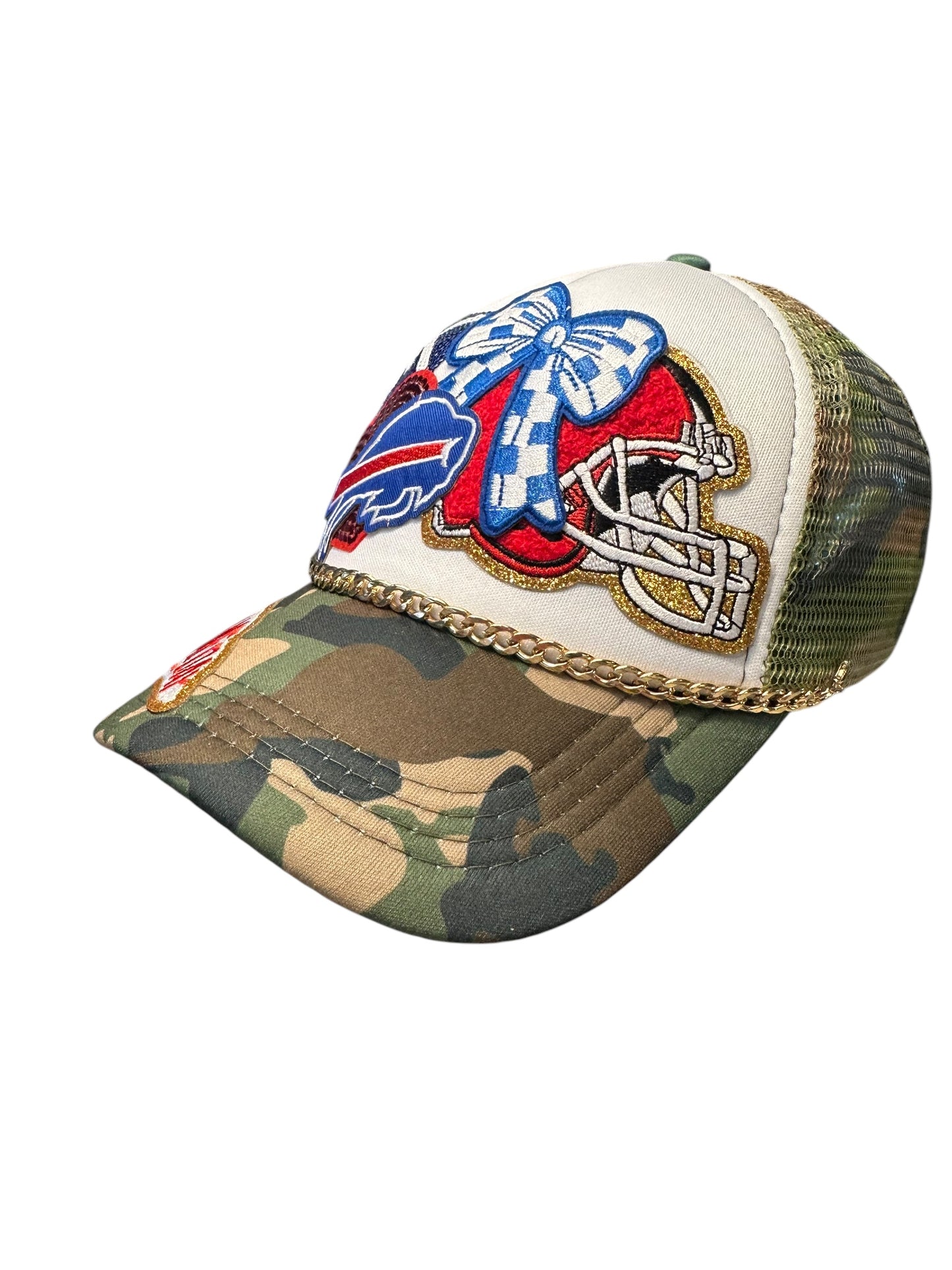 Sequin and Camo Buffalo Bills GameDay Trucker Hat with Gold Chain Hat Belt