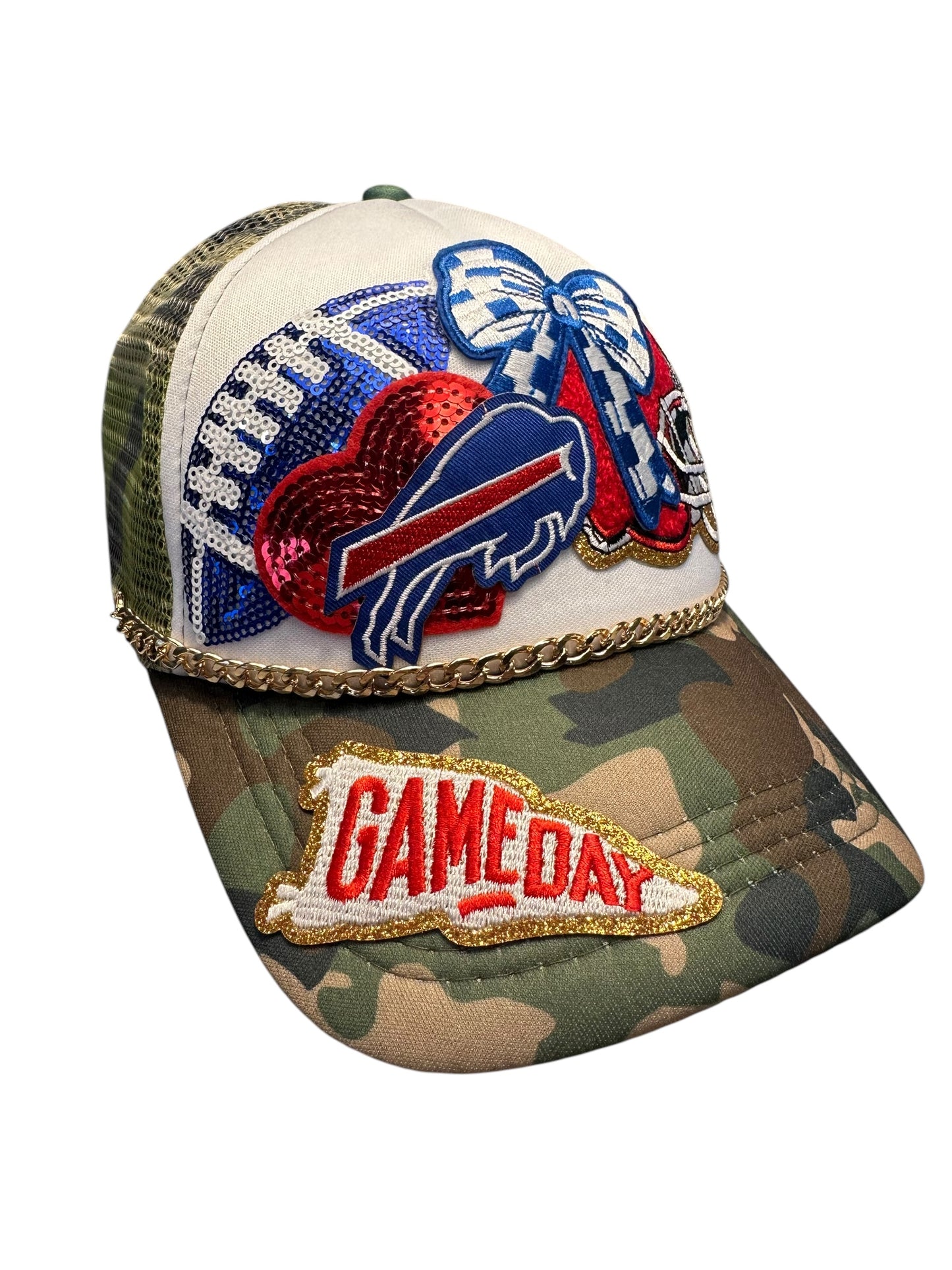 Sequin and Camo Buffalo Bills GameDay Trucker Hat with Gold Chain Hat Belt