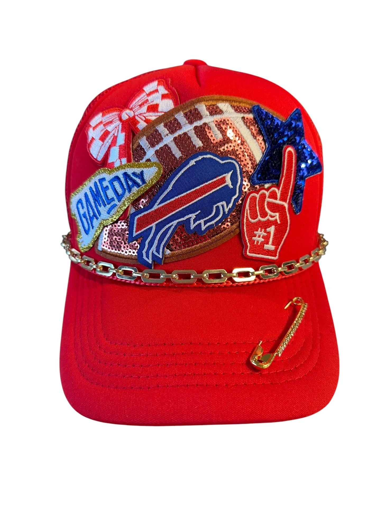 Red Sequin Buffalo Bills GameDay Trucker Hat with Gold Chain Hat Belt