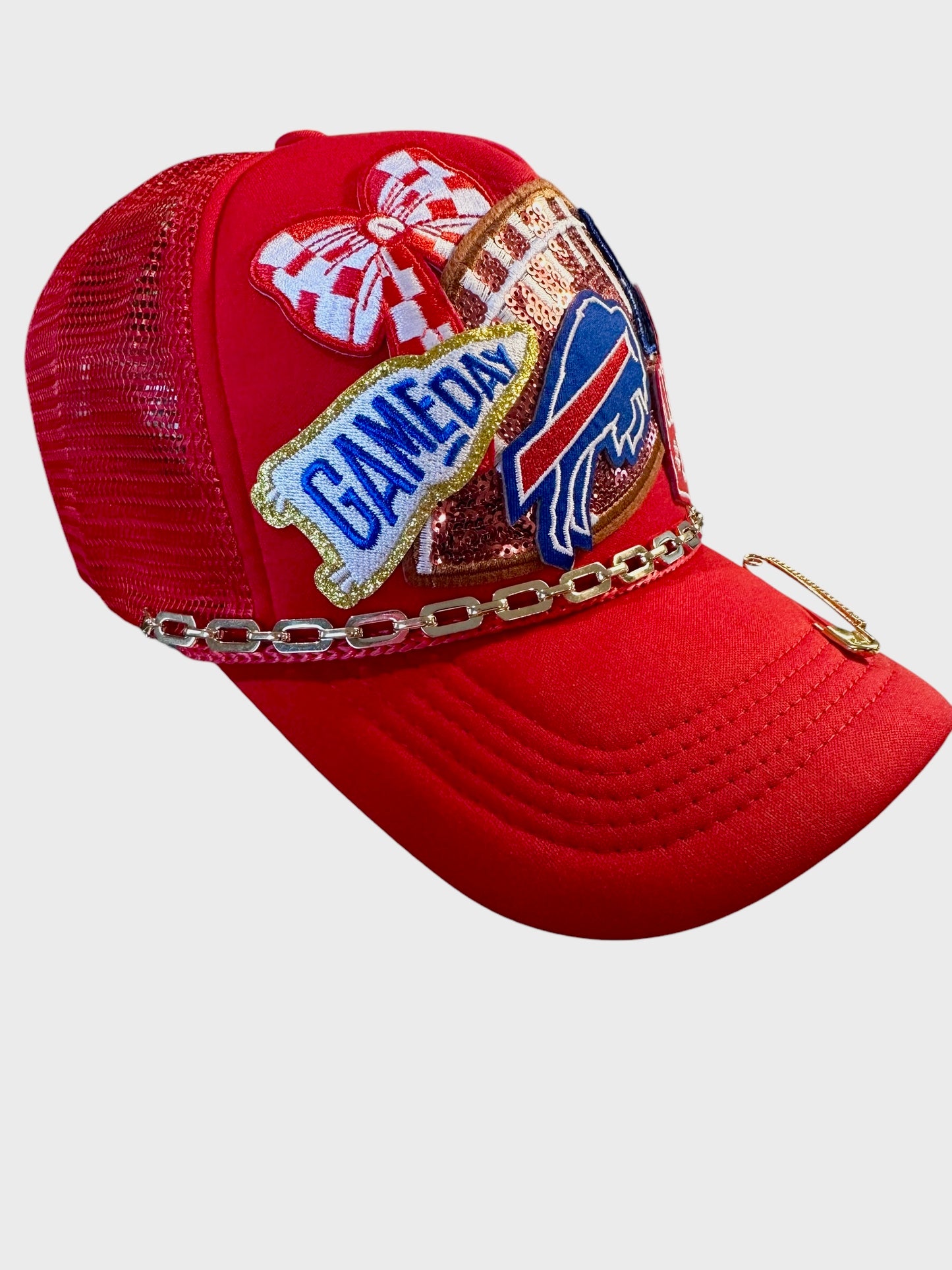 Red Sequin Buffalo Bills GameDay Trucker Hat with Gold Chain Hat Belt