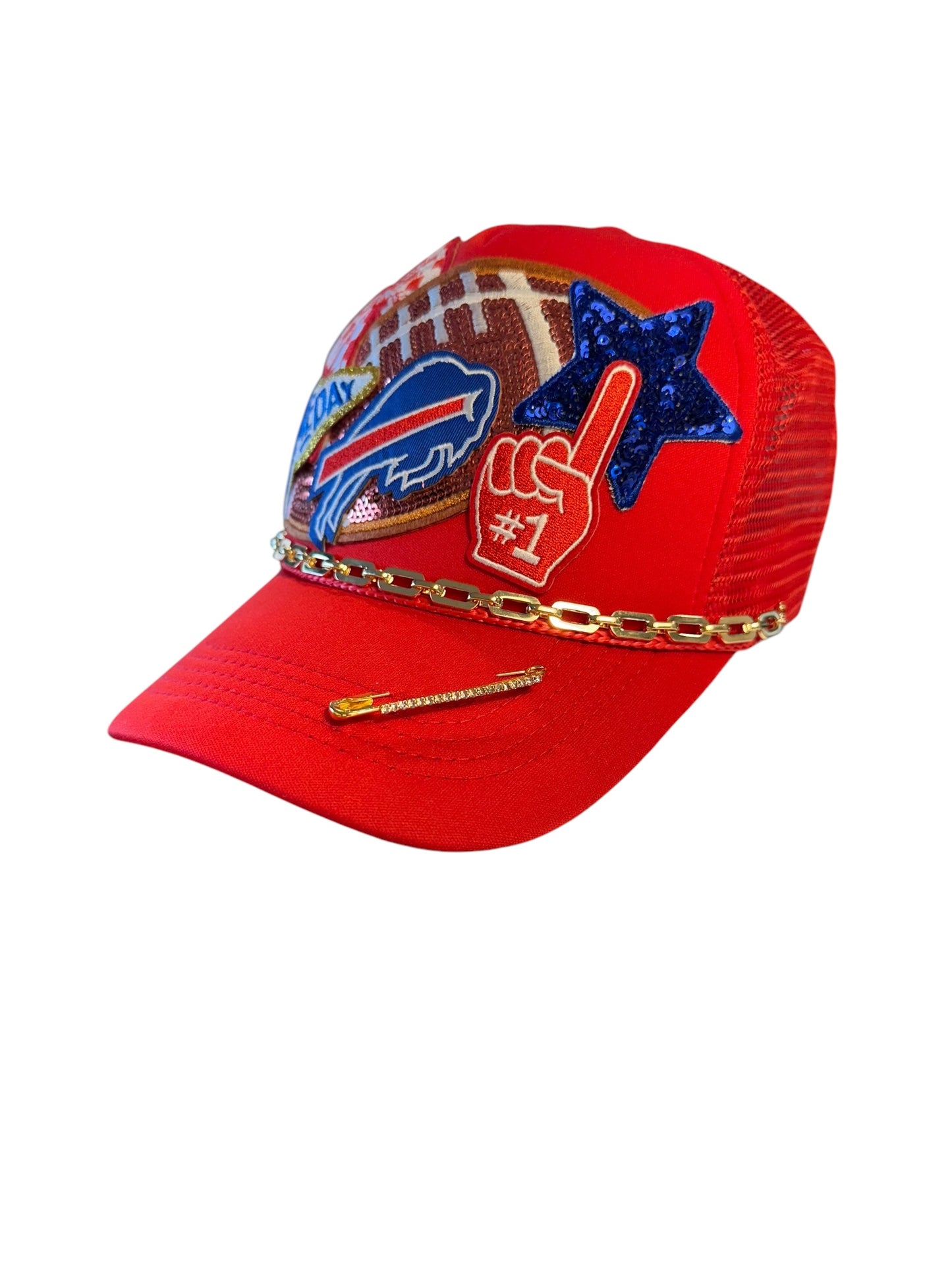 Red Sequin Buffalo Bills GameDay Trucker Hat with Gold Chain Hat Belt