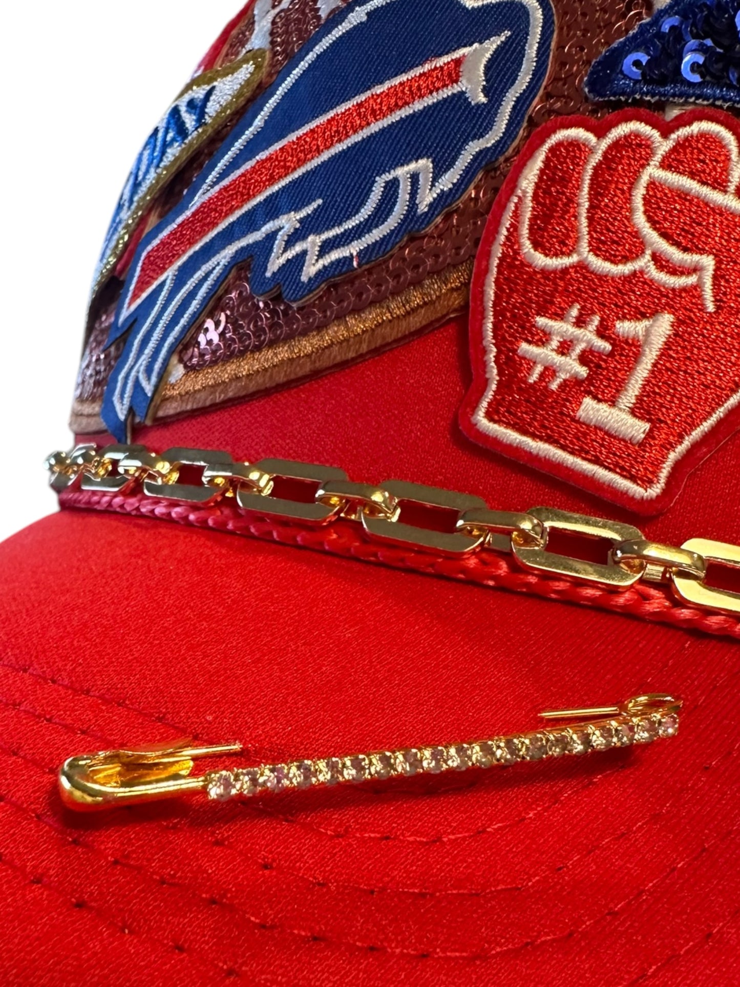 Red Sequin Buffalo Bills GameDay Trucker Hat with Gold Chain Hat Belt