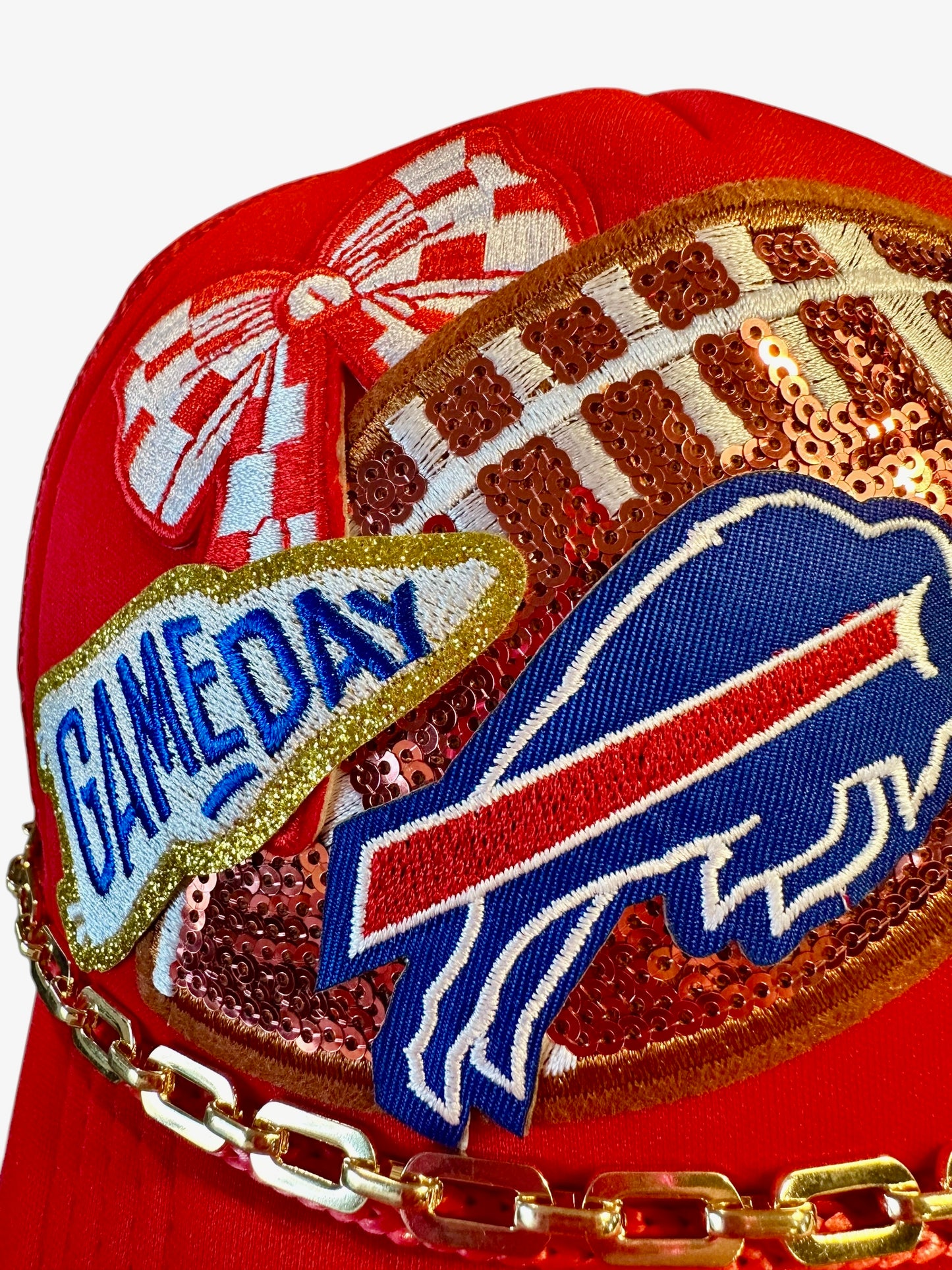 Red Sequin Buffalo Bills GameDay Trucker Hat with Gold Chain Hat Belt