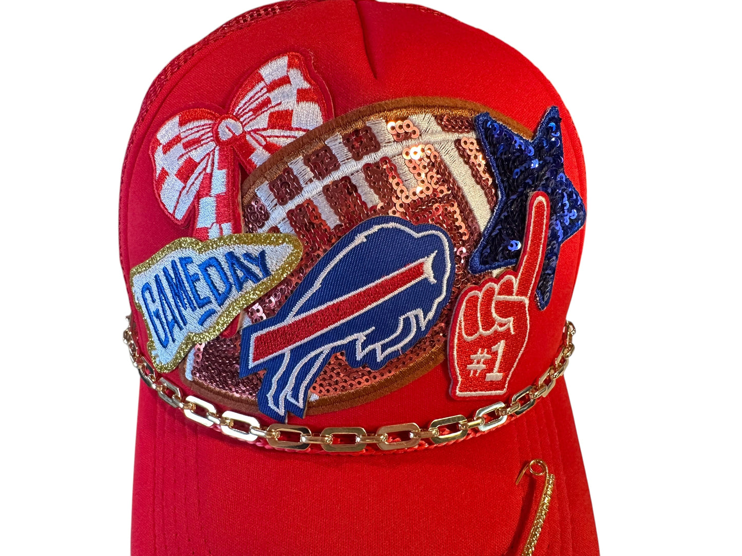 Red Sequin Buffalo Bills GameDay Trucker Hat with Gold Chain Hat Belt