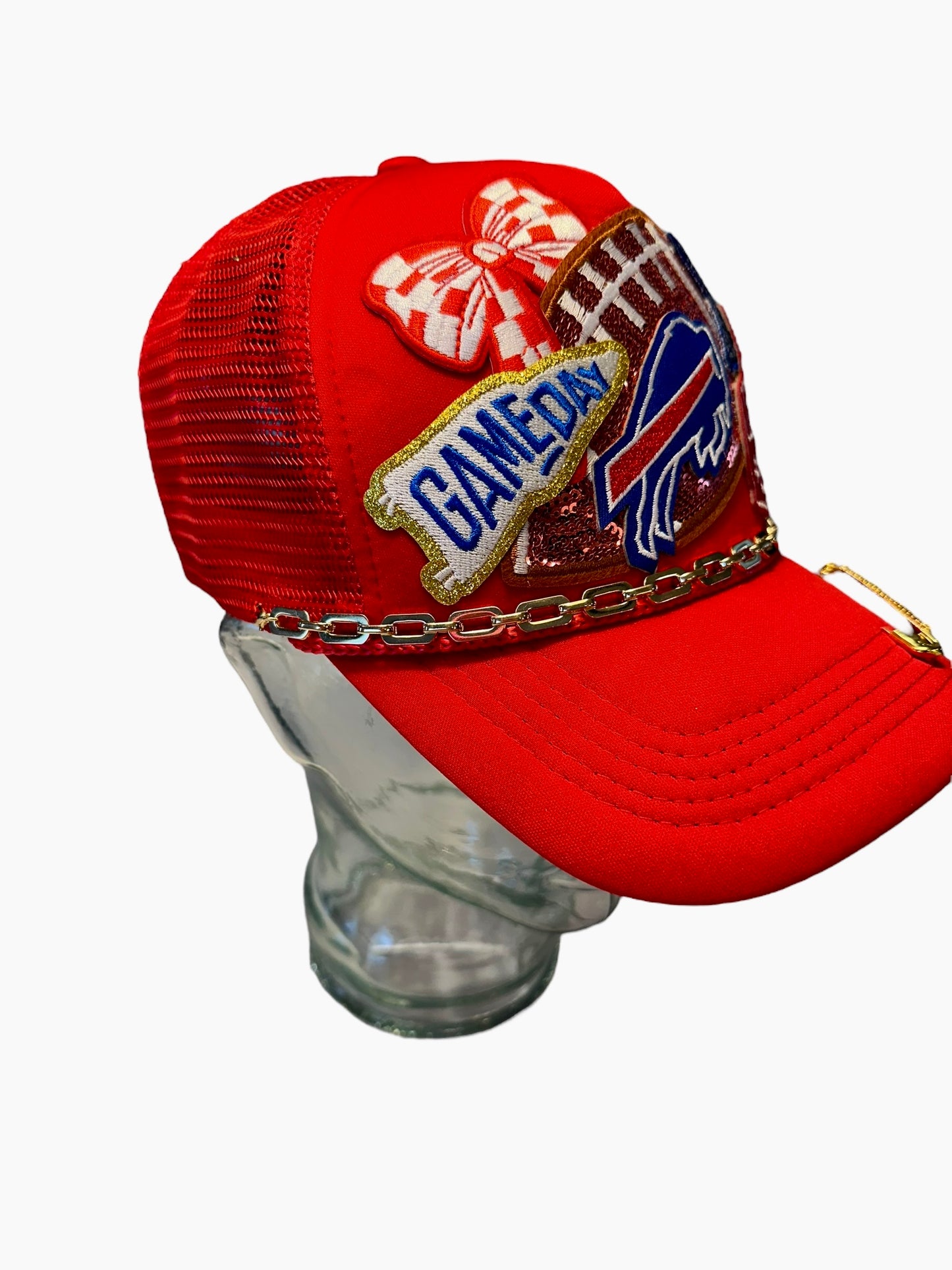 Red Sequin Buffalo Bills GameDay Trucker Hat with Gold Chain Hat Belt