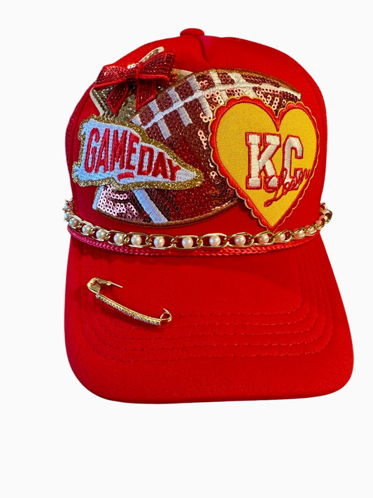 Pearl and Sequin Kansas City Chiefs GameDay Trucker Hat with Gold and Faux Pearl Hat Chain