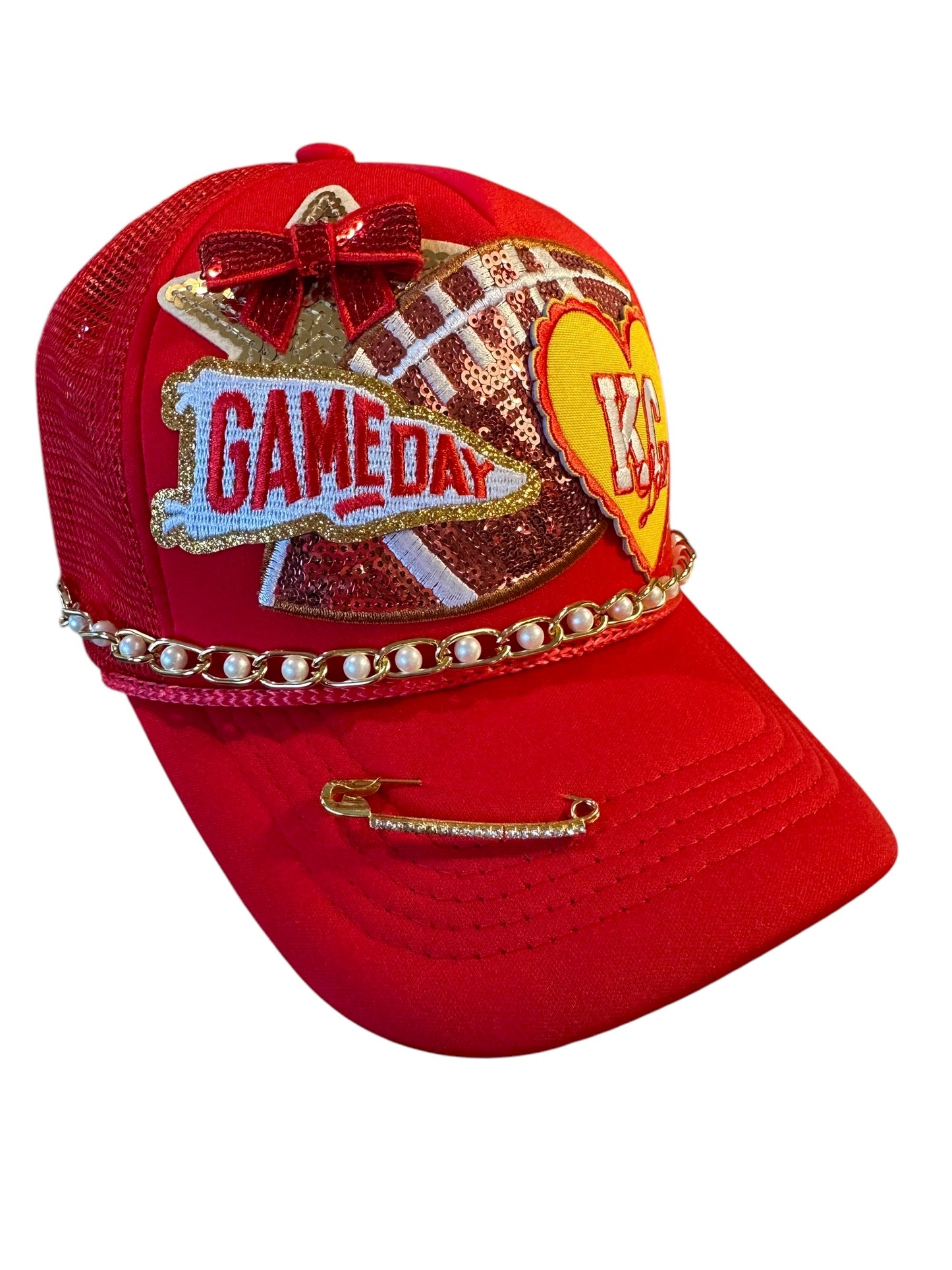 Pearl and Sequin Kansas City Chiefs GameDay Trucker Hat with Gold and Faux Pearl Hat Chain