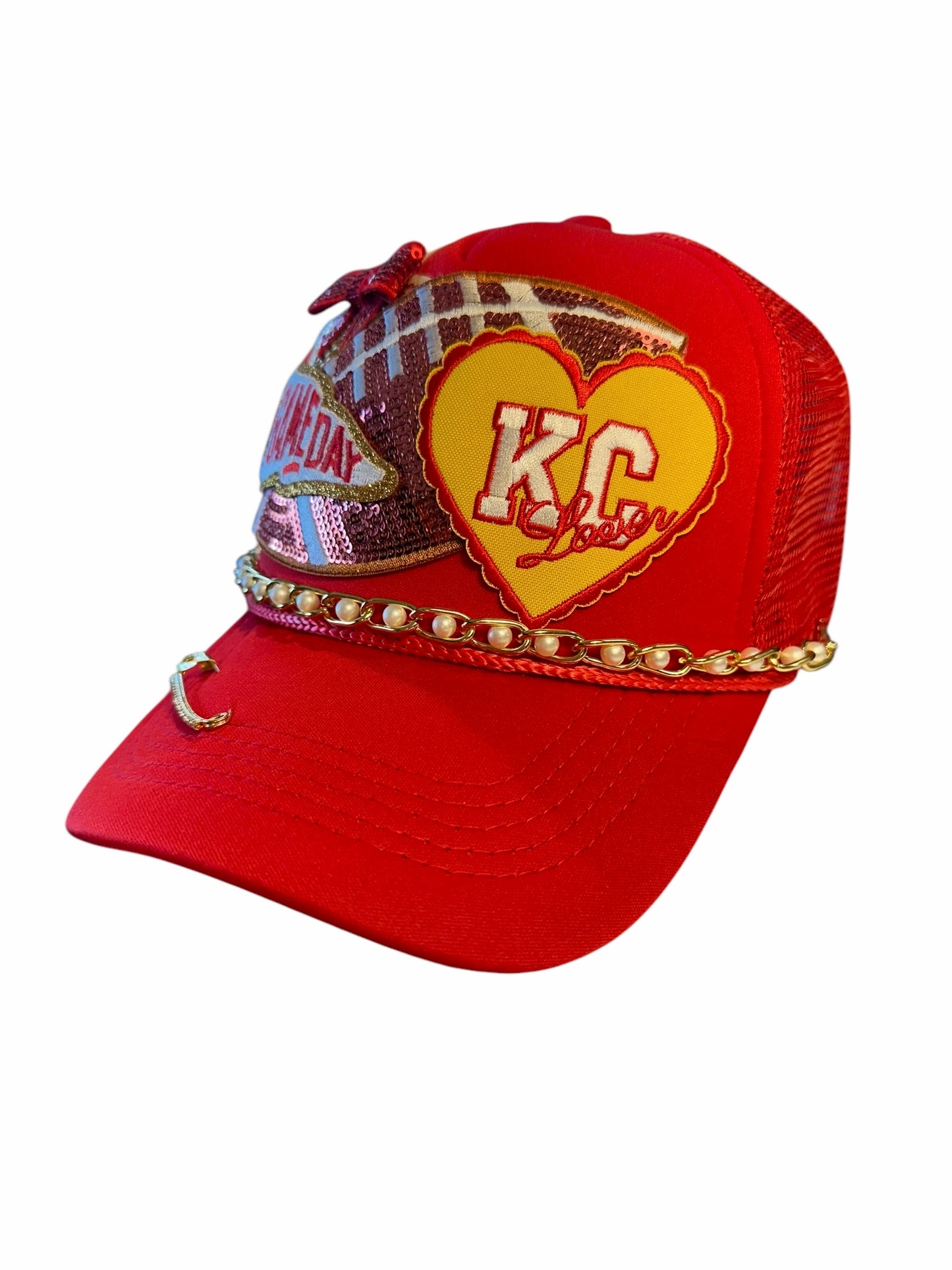 Pearl and Sequin Kansas City Chiefs GameDay Trucker Hat with Gold and Faux Pearl Hat Chain