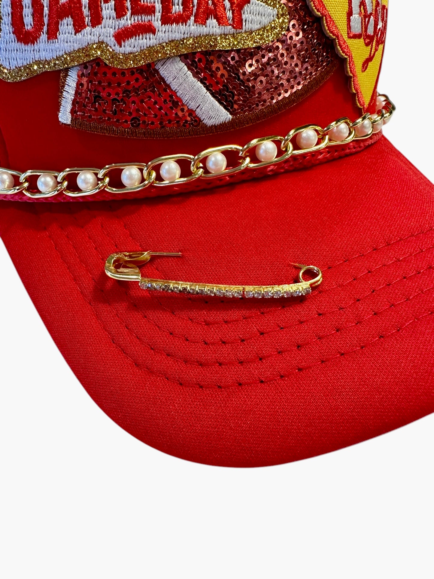 Pearl and Sequin Kansas City Chiefs GameDay Trucker Hat with Gold and Faux Pearl Hat Chain