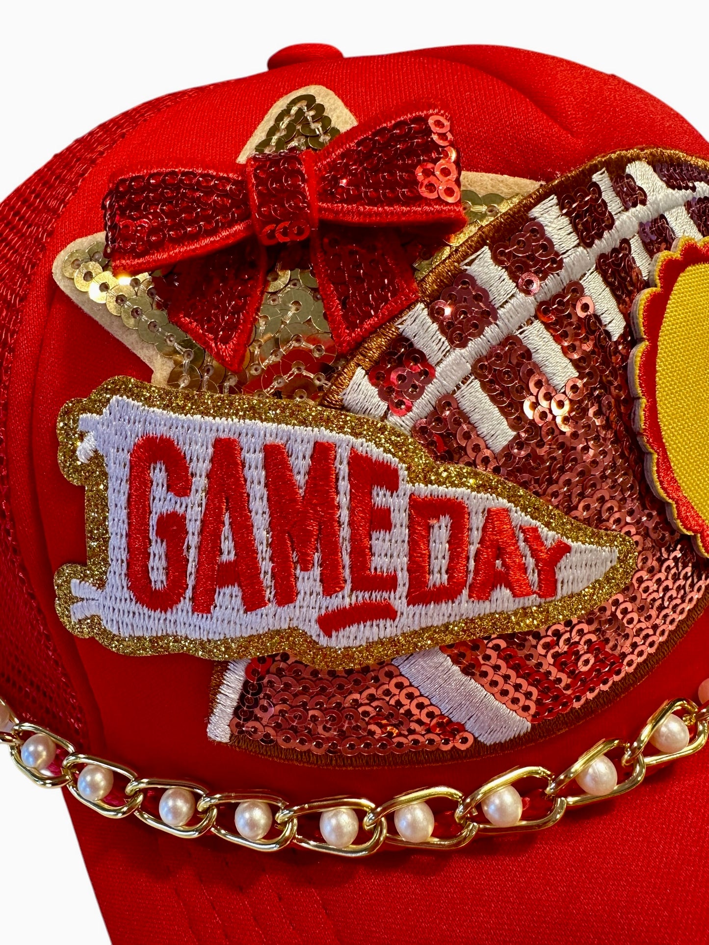 Pearl and Sequin Kansas City Chiefs GameDay Trucker Hat with Gold and Faux Pearl Hat Chain