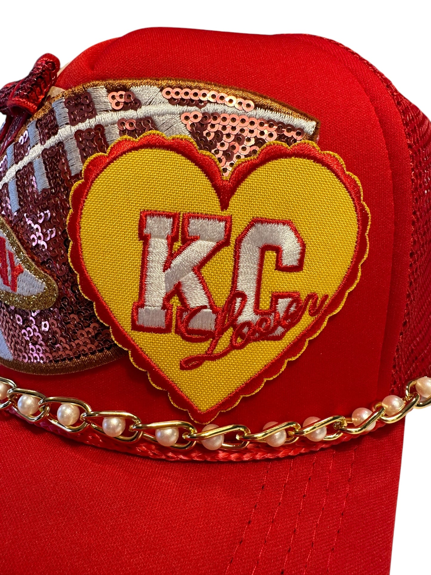 Pearl and Sequin Kansas City Chiefs GameDay Trucker Hat with Gold and Faux Pearl Hat Chain