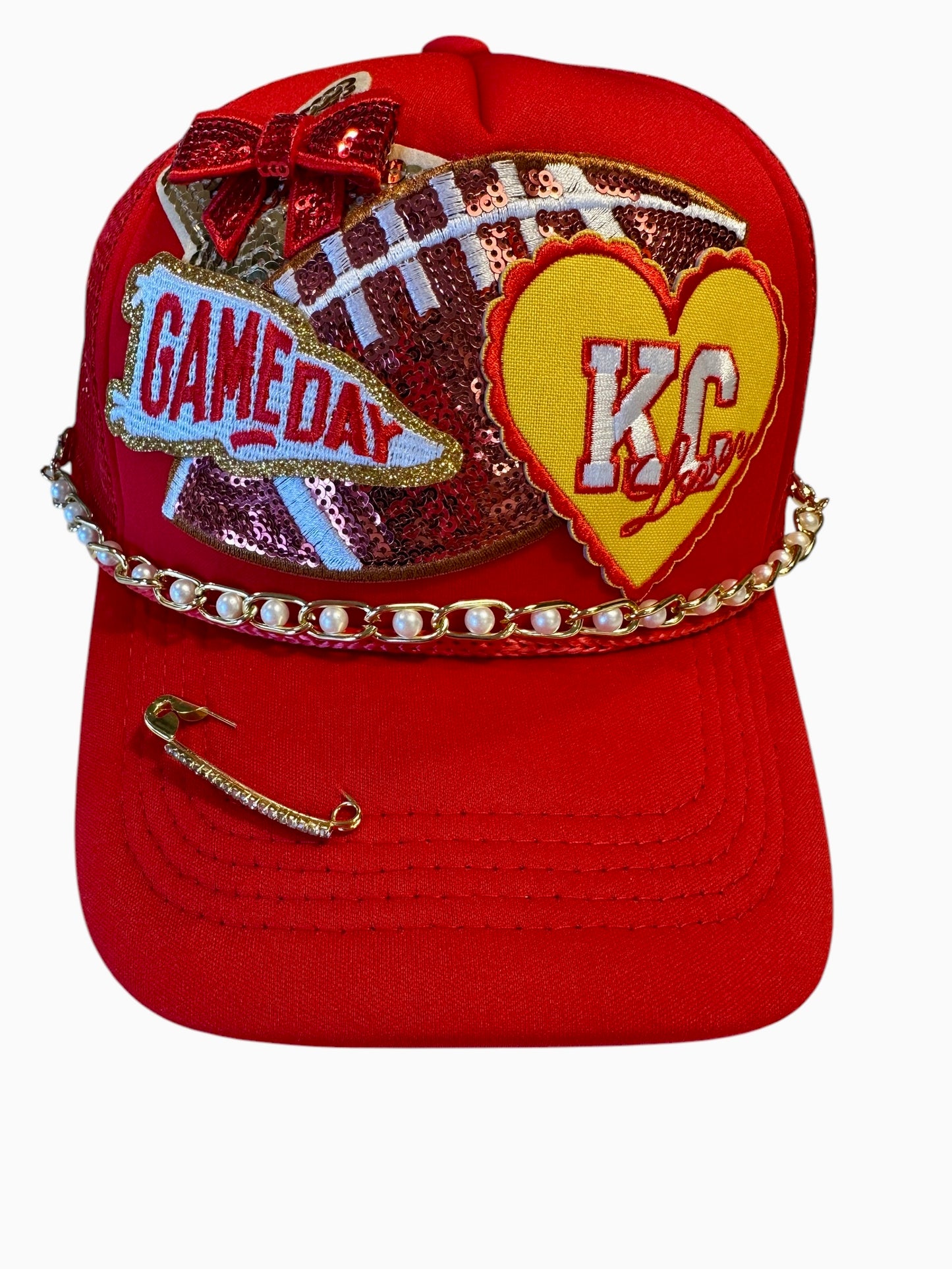 Pearl and Sequin Kansas City Chiefs GameDay Trucker Hat with Gold and Faux Pearl Hat Chain