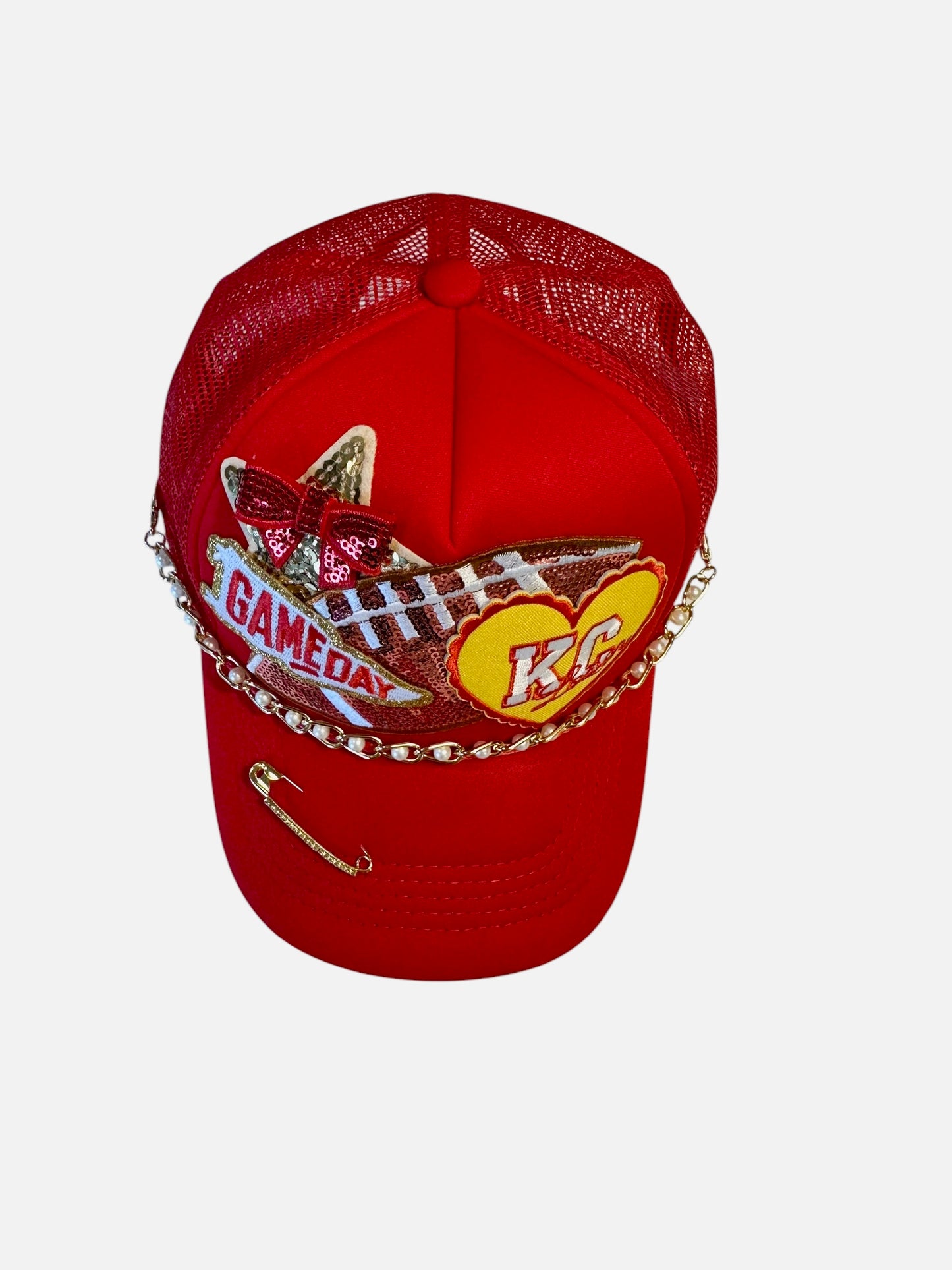 Pearl and Sequin Kansas City Chiefs GameDay Trucker Hat with Gold and Faux Pearl Hat Chain